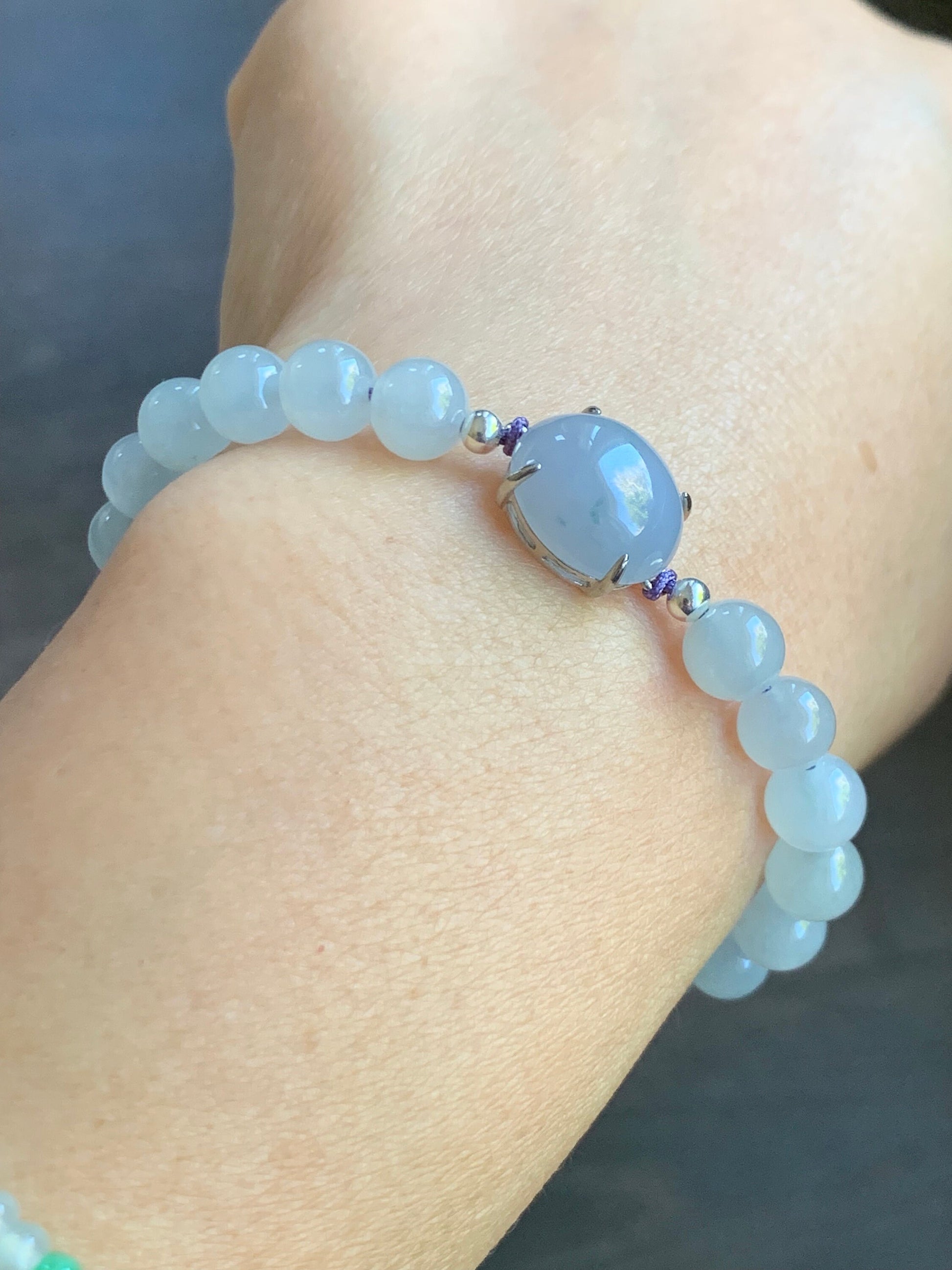 Natural Burmese Icy Translucent Gelatinous Purplish Blue Jadeite Large Cabochon Icy White Beaded Bracelet 6.25” Sterling Silver 天然缅甸冰蓝紫翡翠手串
