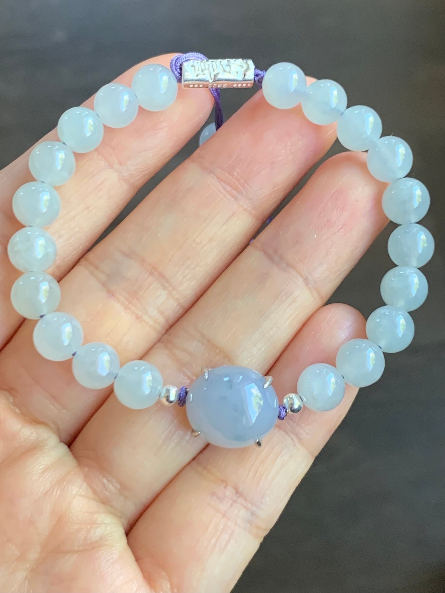 Natural Burmese Icy Translucent Gelatinous Purplish Blue Jadeite Large Cabochon Icy White Beaded Bracelet 6.25” Sterling Silver 天然缅甸冰蓝紫翡翠手串