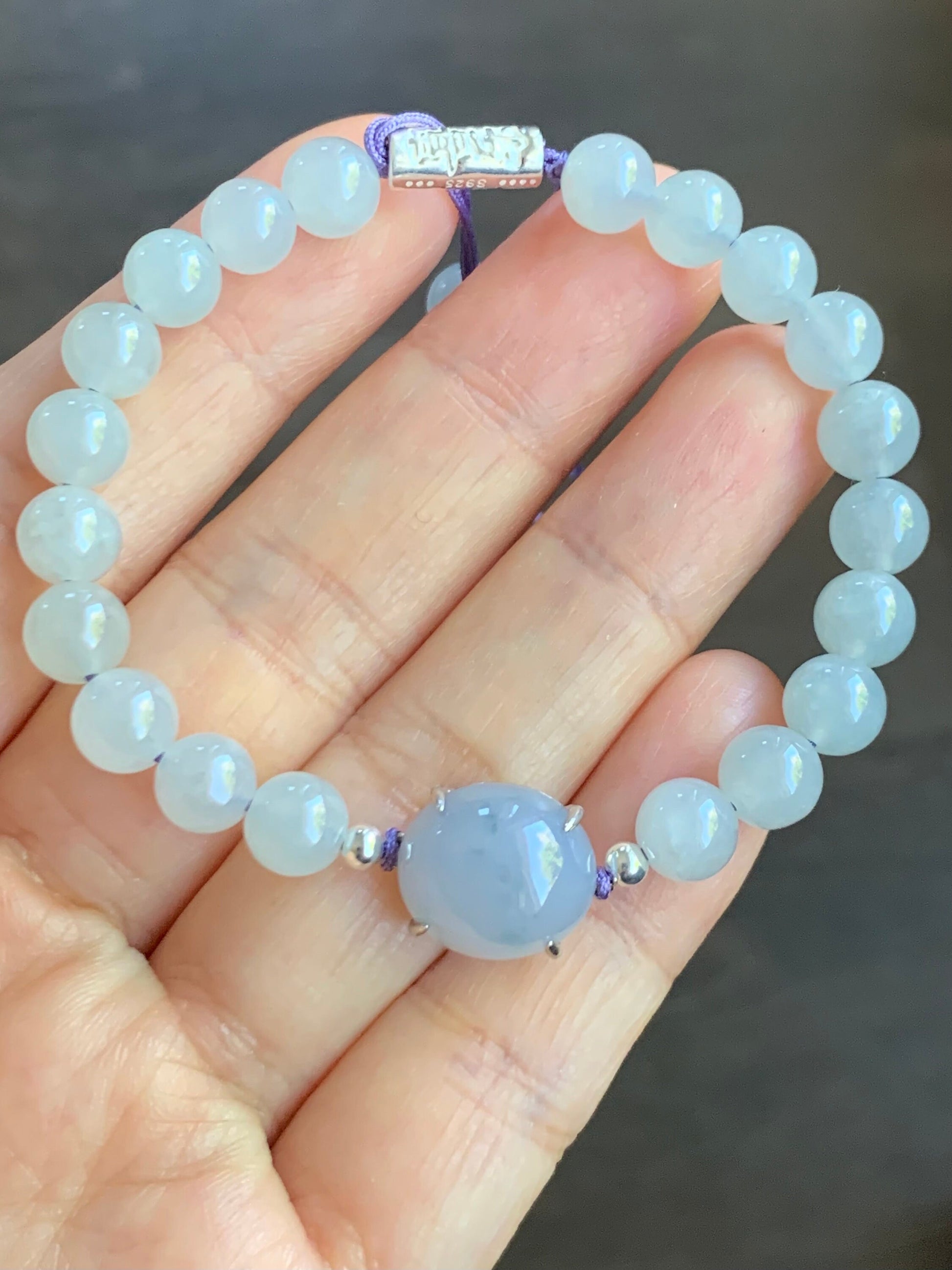 Natural Burmese Icy Translucent Gelatinous Purplish Blue Jadeite Large Cabochon Icy White Beaded Bracelet 6.25” Sterling Silver 天然缅甸冰蓝紫翡翠手串