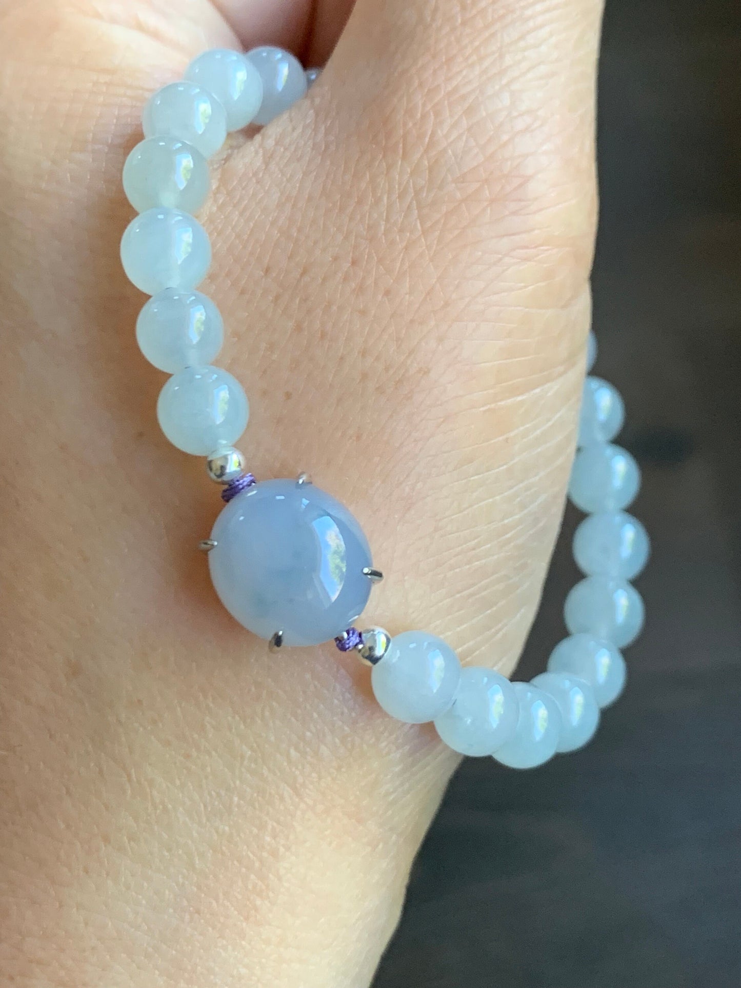 Natural Burmese Icy Translucent Gelatinous Purplish Blue Jadeite Large Cabochon Icy White Beaded Bracelet 6.25” Sterling Silver 天然缅甸冰蓝紫翡翠手串