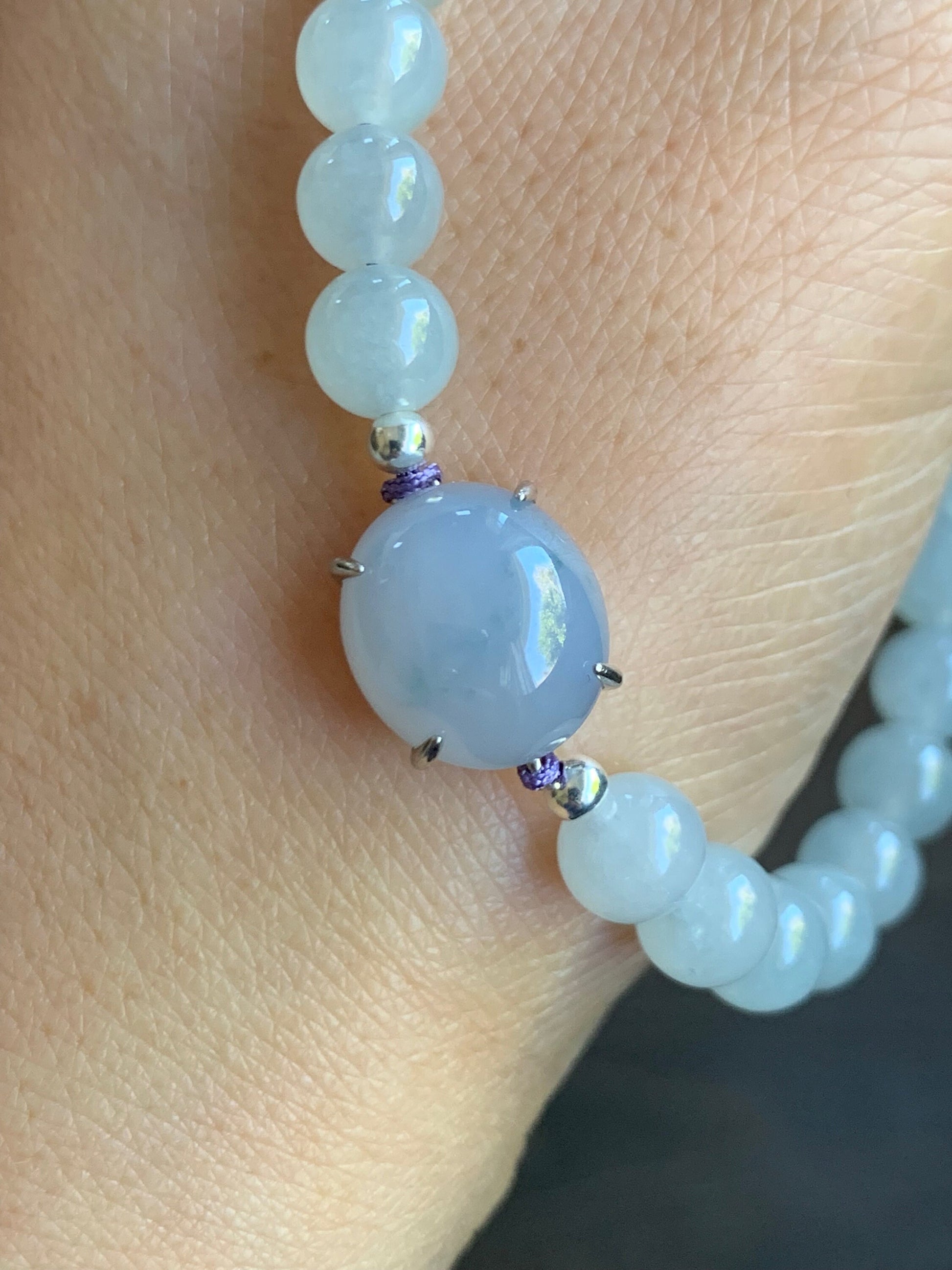 Natural Burmese Icy Translucent Gelatinous Purplish Blue Jadeite Large Cabochon Icy White Beaded Bracelet 6.25” Sterling Silver 天然缅甸冰蓝紫翡翠手串