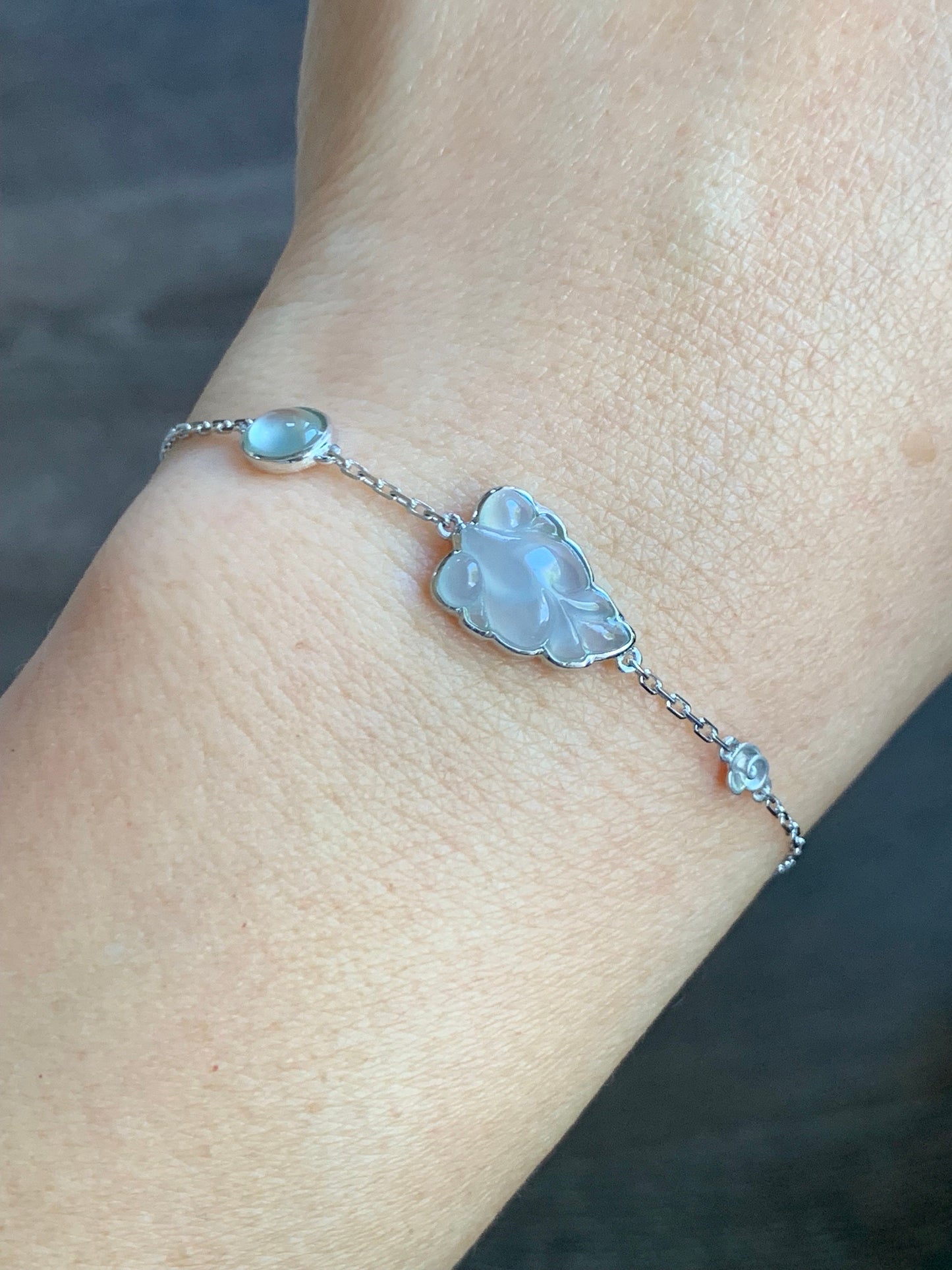 Certified Natural Burmese Icy Highly Translucent White Jadeite Goldfish Chain Bracelet 18K White Gold 6.25”-7.25” 天然缅甸白冰胶翡翠金鱼镶嵌手链 5145
