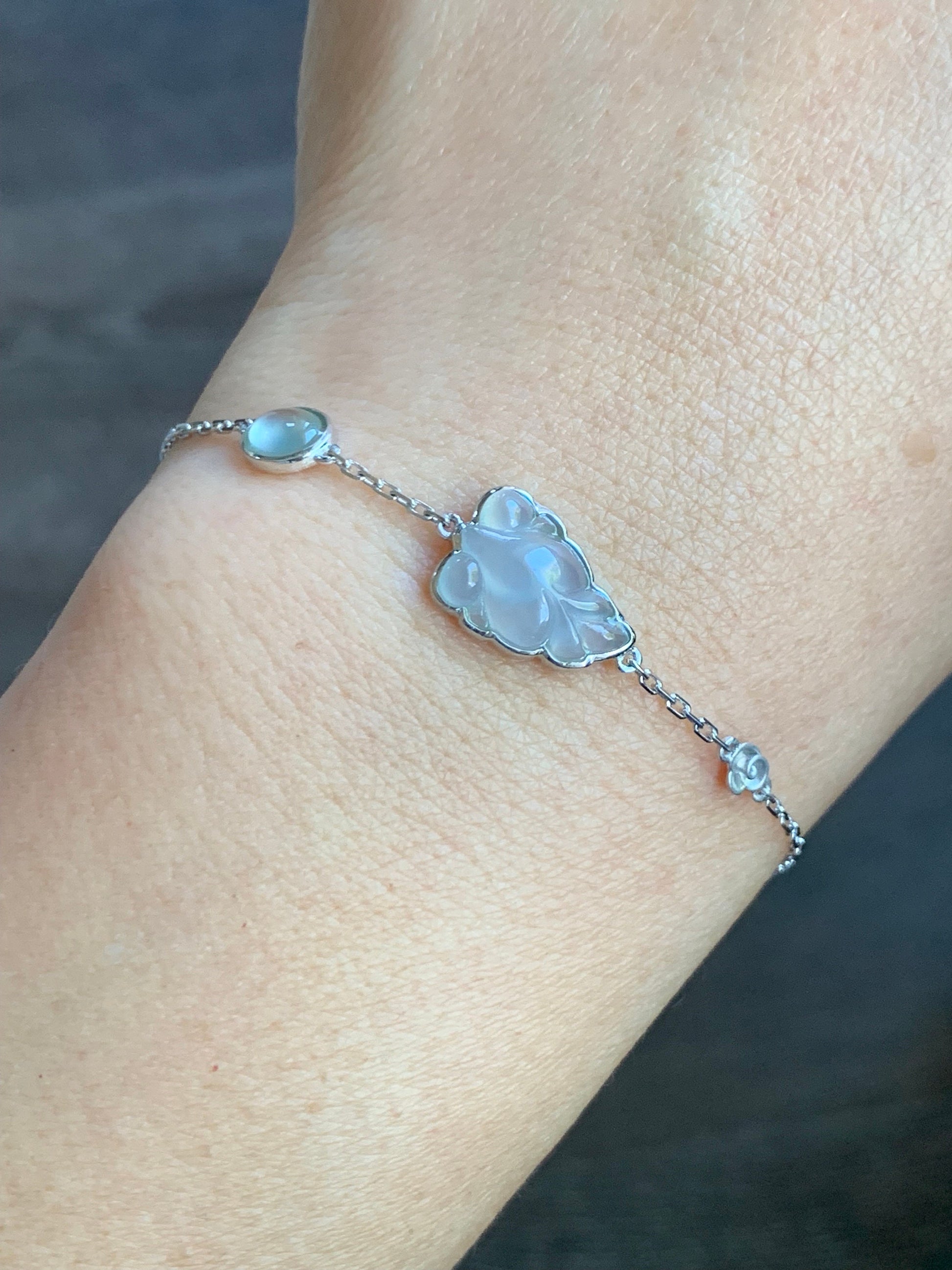 Certified Natural Burmese Icy Highly Translucent White Jadeite Goldfish Chain Bracelet 18K White Gold 6.25”-7.25” 天然缅甸白冰胶翡翠金鱼镶嵌手链 5145