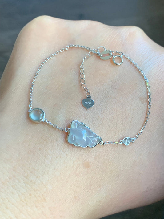 Certified Natural Burmese Icy Highly Translucent White Jadeite Goldfish Chain Bracelet 18K White Gold 6.25”-7.25” 天然缅甸白冰胶翡翠金鱼镶嵌手链 5145