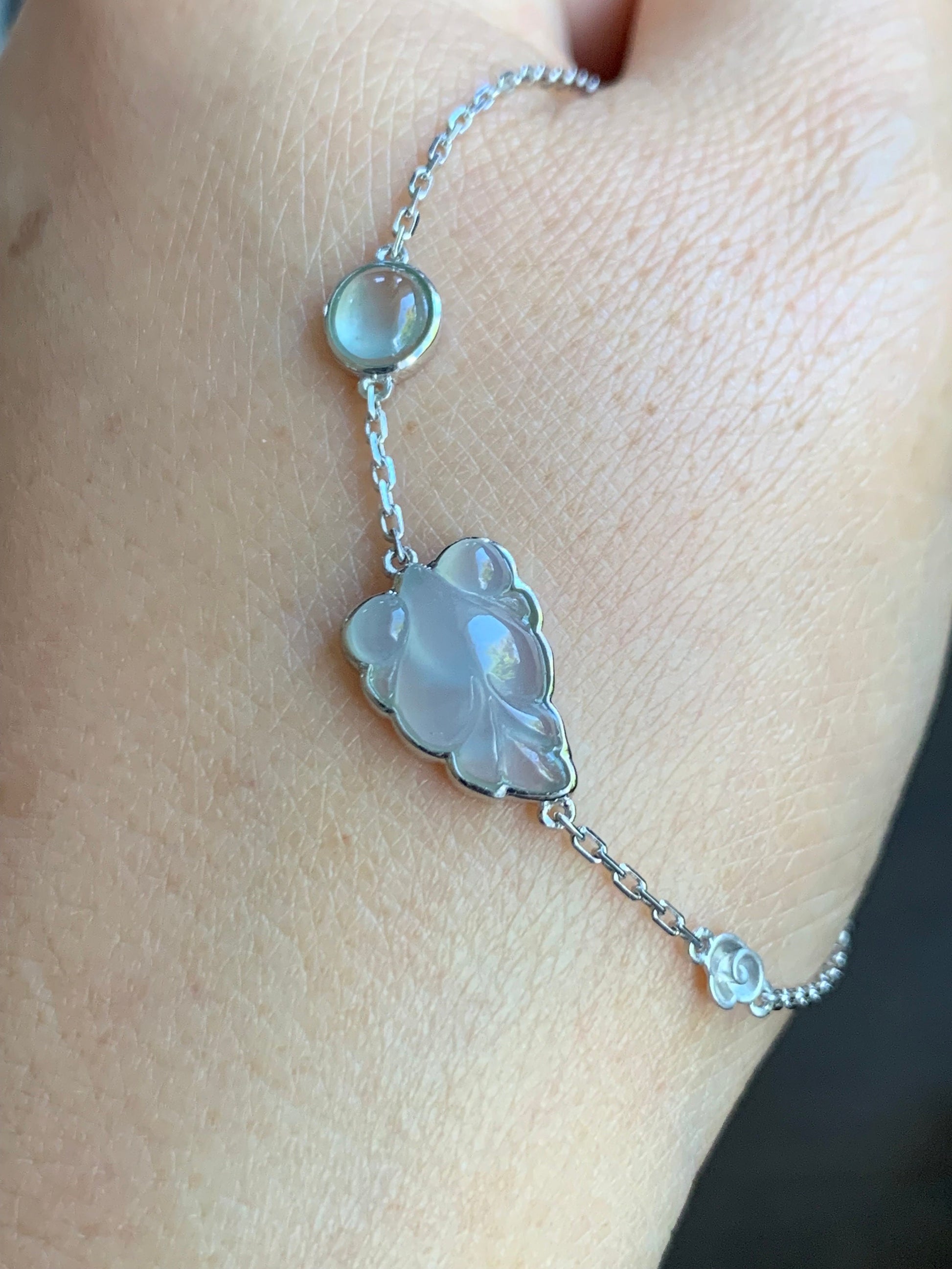 Certified Natural Burmese Icy Highly Translucent White Jadeite Goldfish Chain Bracelet 18K White Gold 6.25”-7.25” 天然缅甸白冰胶翡翠金鱼镶嵌手链 5145