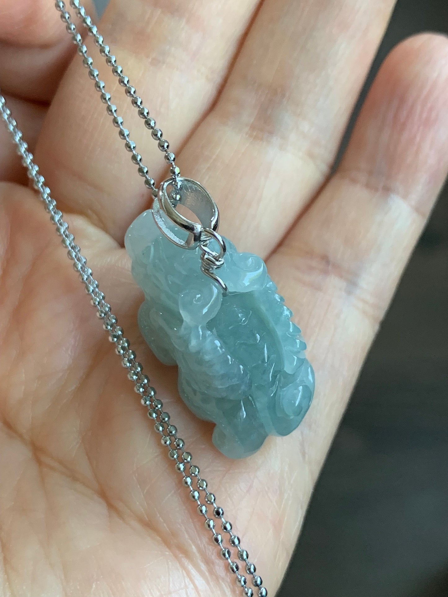 Natural Burmese Icy Translucent Gelatinous Sky Blue Jadeite Carved Flying Pixiu Pendant Sterling Silver Bail 天然缅甸冰胶天空蓝翡翠精工飞天貔貅吊坠