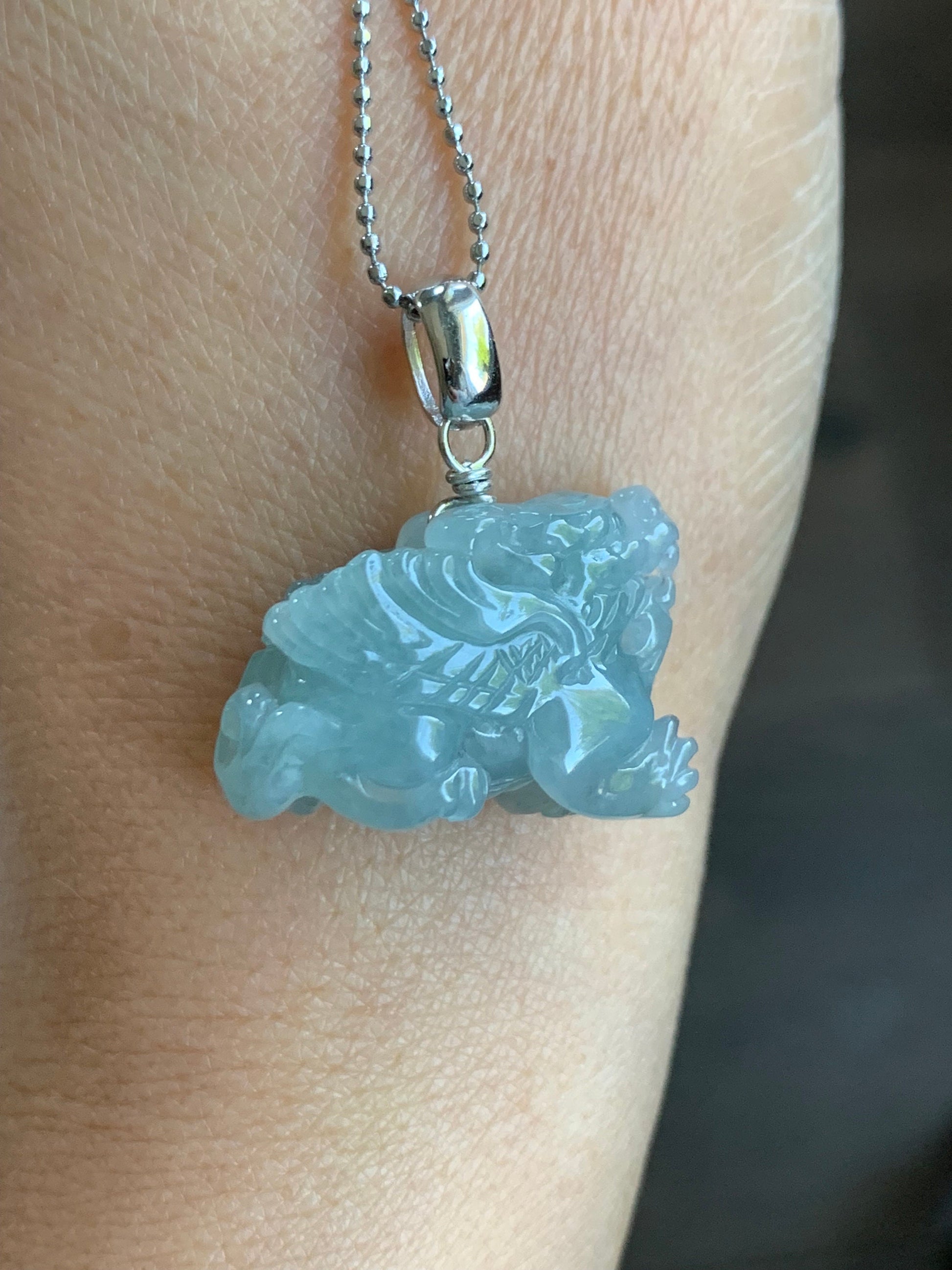 Natural Burmese Icy Translucent Gelatinous Sky Blue Jadeite Carved Flying Pixiu Pendant Sterling Silver Bail 天然缅甸冰胶天空蓝翡翠精工飞天貔貅吊坠
