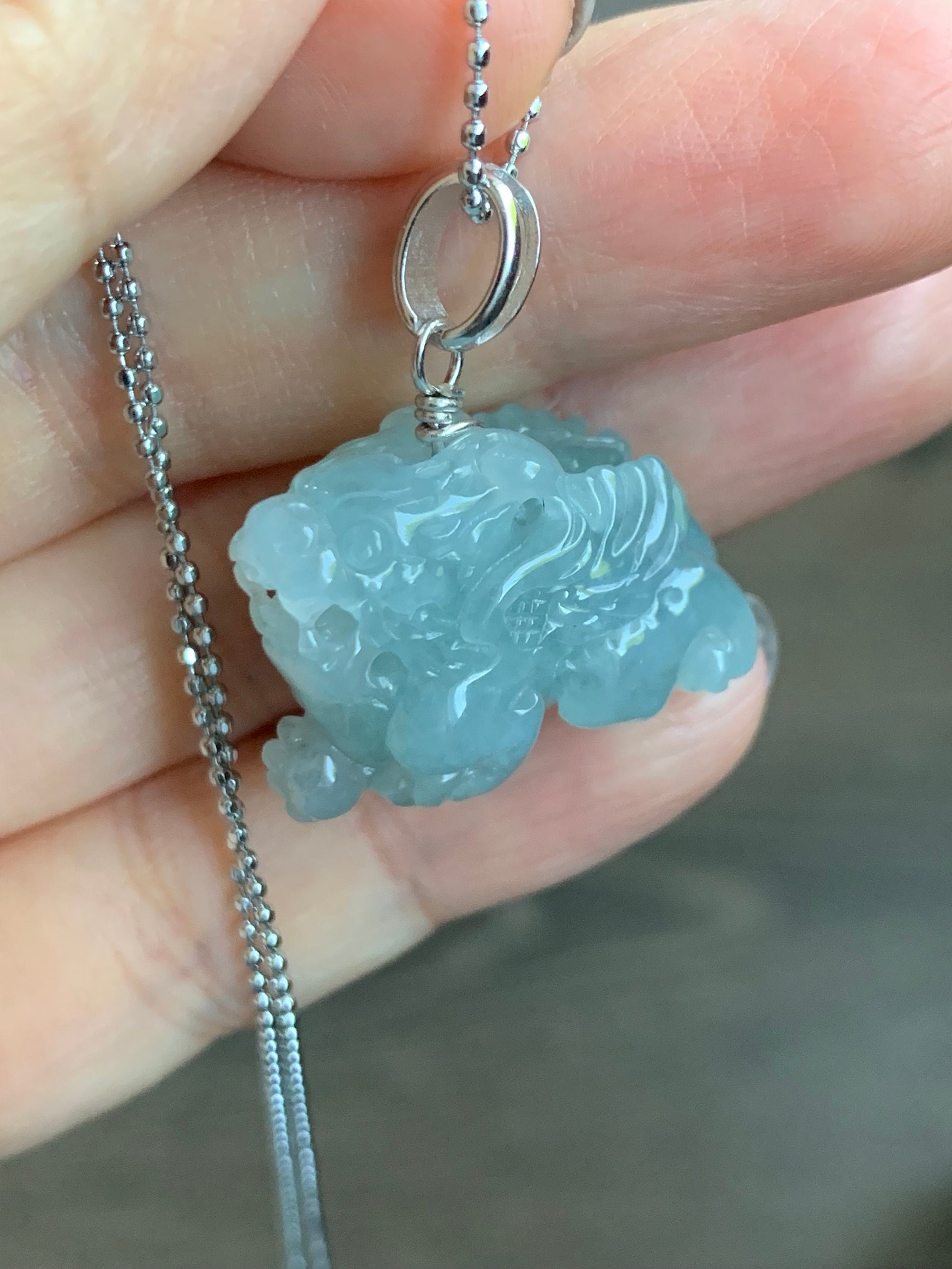 Natural Burmese Icy Translucent Gelatinous Sky Blue Jadeite Carved Flying Pixiu Pendant Sterling Silver Bail 天然缅甸冰胶天空蓝翡翠精工飞天貔貅吊坠