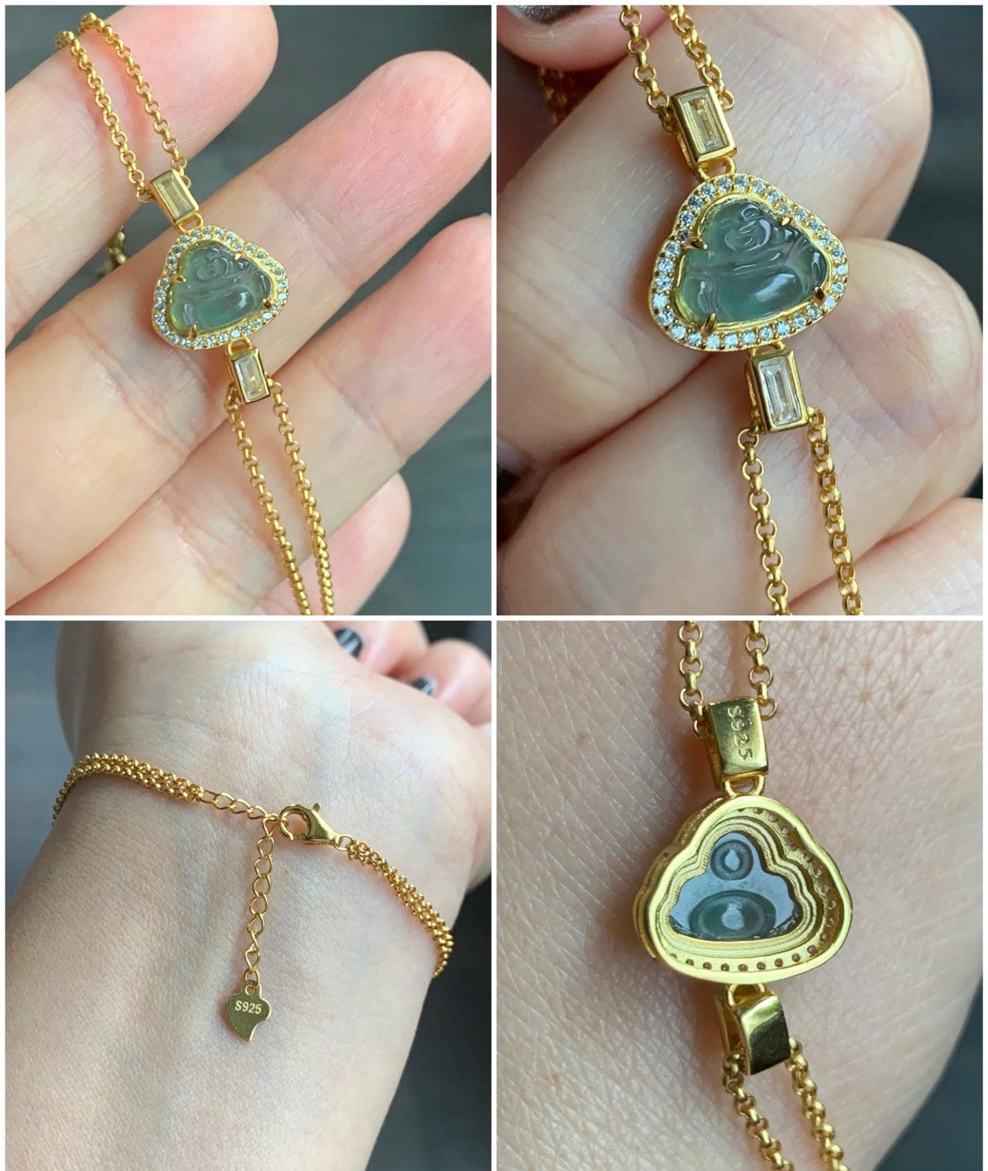 Natural Guatemalan Icy Highly Translucent Sky Blue Jadeite Buddha Double Rolo Chain Bracelet 6.25" Adjustable Sterling Silver 天然冰危天空蓝翡翠小佛公手链