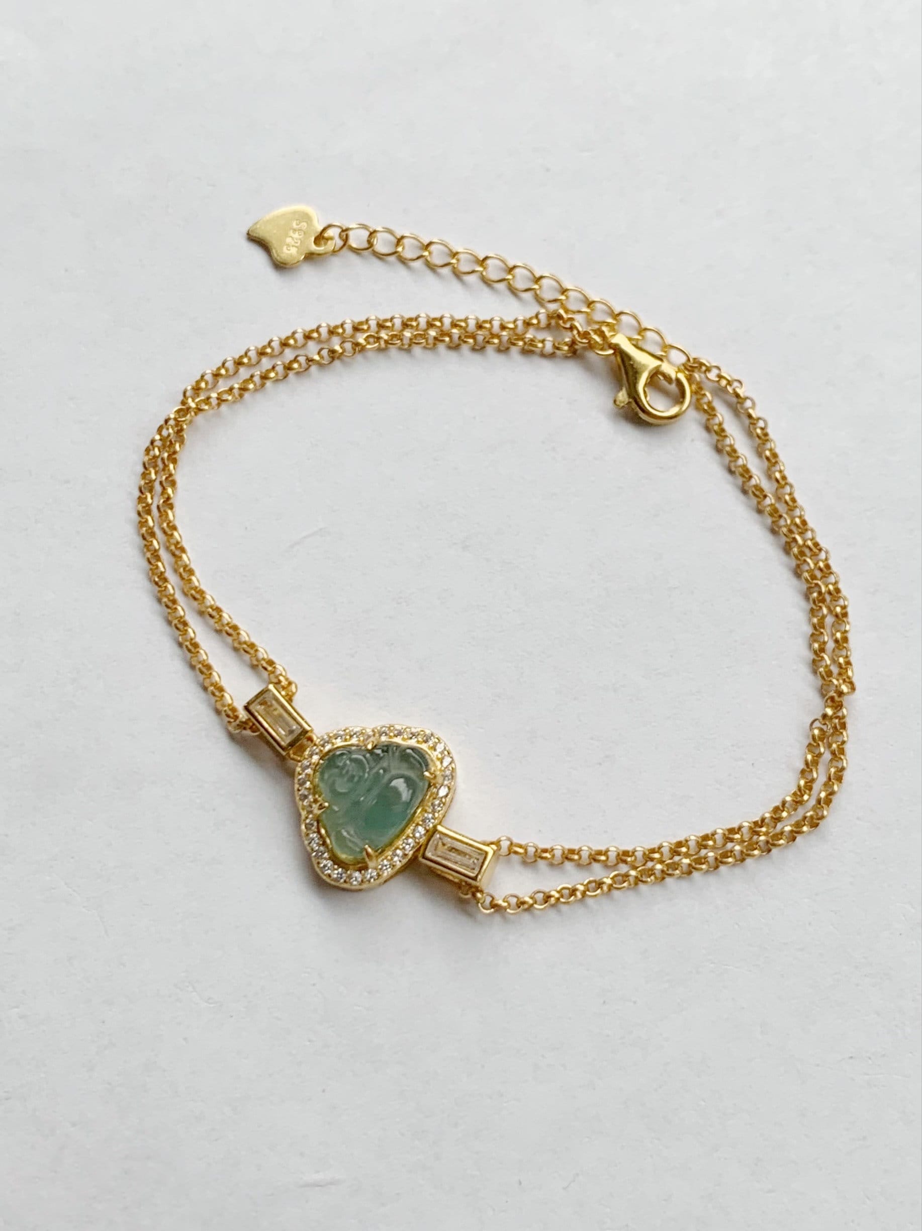 Natural Guatemalan Icy Highly Translucent Sky Blue Jadeite Buddha Double Rolo Chain Bracelet 6.25" Adjustable Sterling Silver 天然冰危天空蓝翡翠小佛公手链
