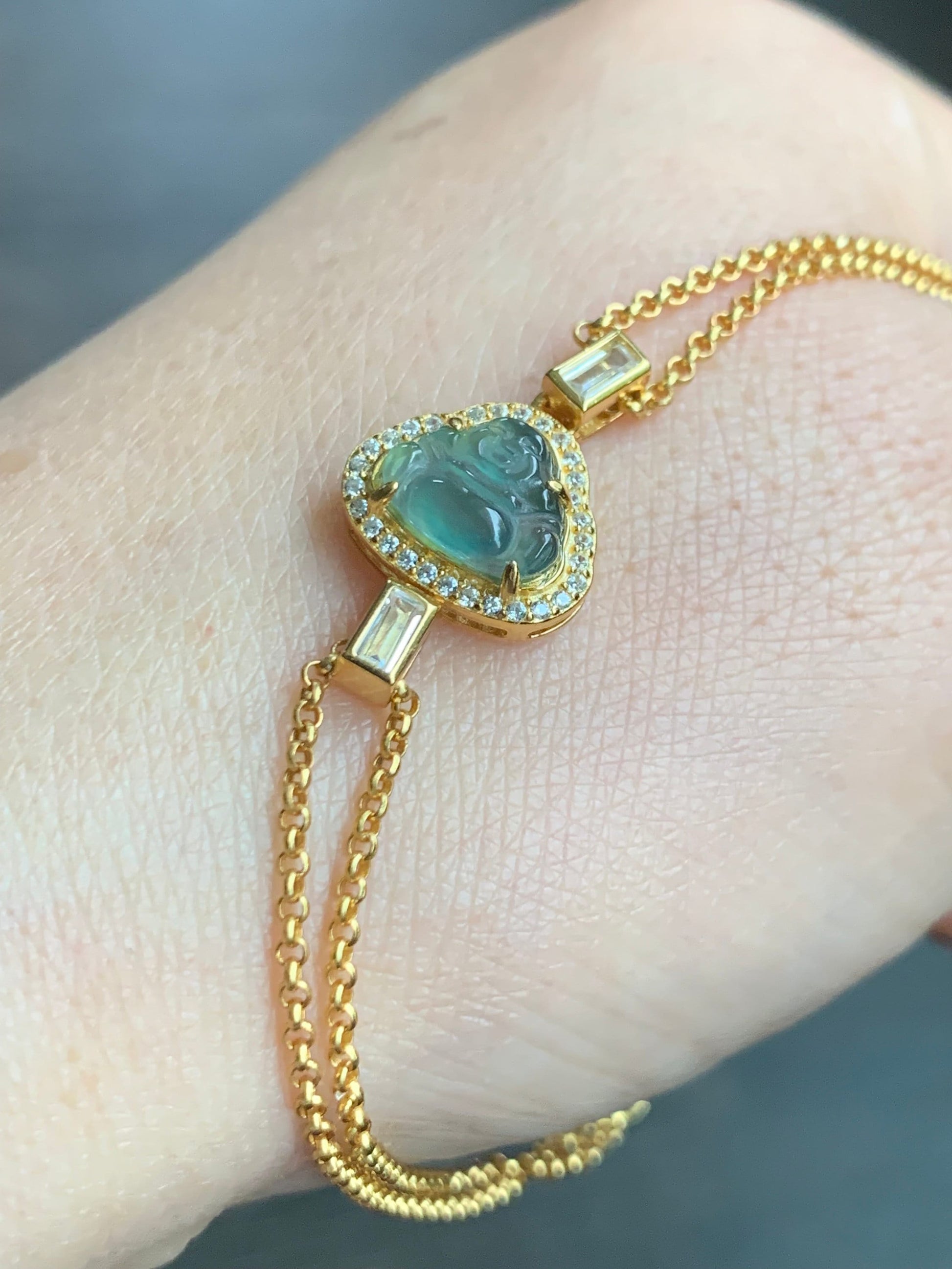 Natural Guatemalan Icy Highly Translucent Sky Blue Jadeite Buddha Double Rolo Chain Bracelet 6.25" Adjustable Sterling Silver 天然冰危天空蓝翡翠小佛公手链