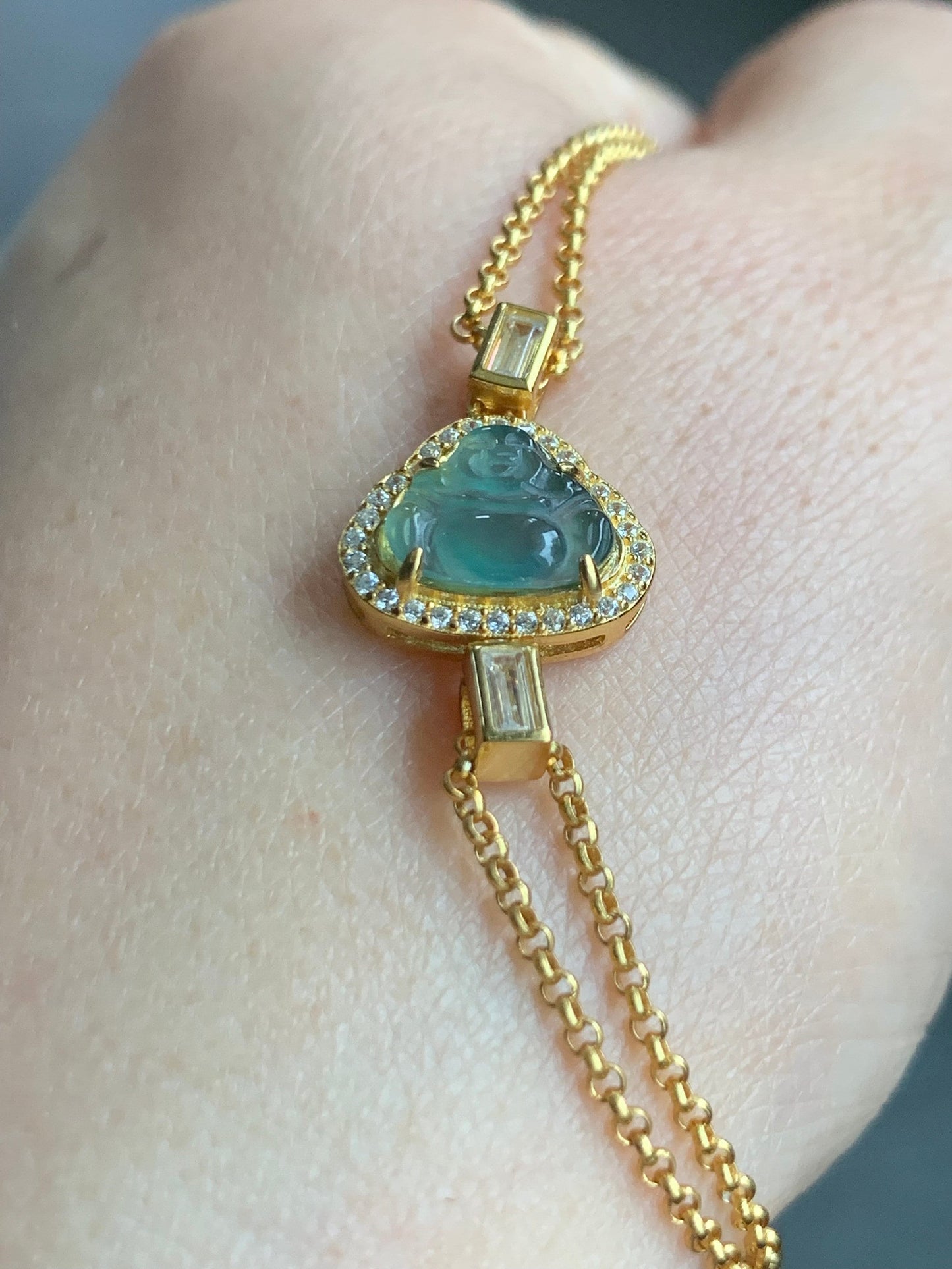 Natural Guatemalan Icy Highly Translucent Sky Blue Jadeite Buddha Double Rolo Chain Bracelet 6.25" Adjustable Sterling Silver 天然冰危天空蓝翡翠小佛公手链