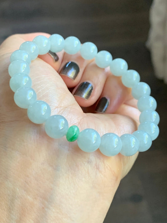 Natural Burmese Grade A Icy Translucent Gelatinous Bluish White Jadeite Round Beads Beaded Bracelet 9mm 7.5” Stretchy 天然缅甸冰胶淡蓝翡翠圆珠手串 DSL723