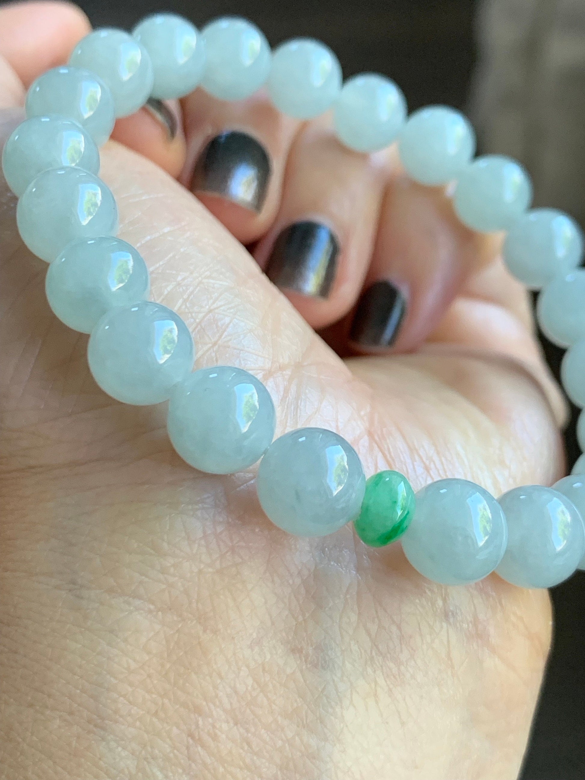 Natural Burmese Grade A Icy Translucent Gelatinous Bluish White Jadeite Round Beads Beaded Bracelet 9mm 7.5” Stretchy 天然缅甸冰胶淡蓝翡翠圆珠手串 DSL723