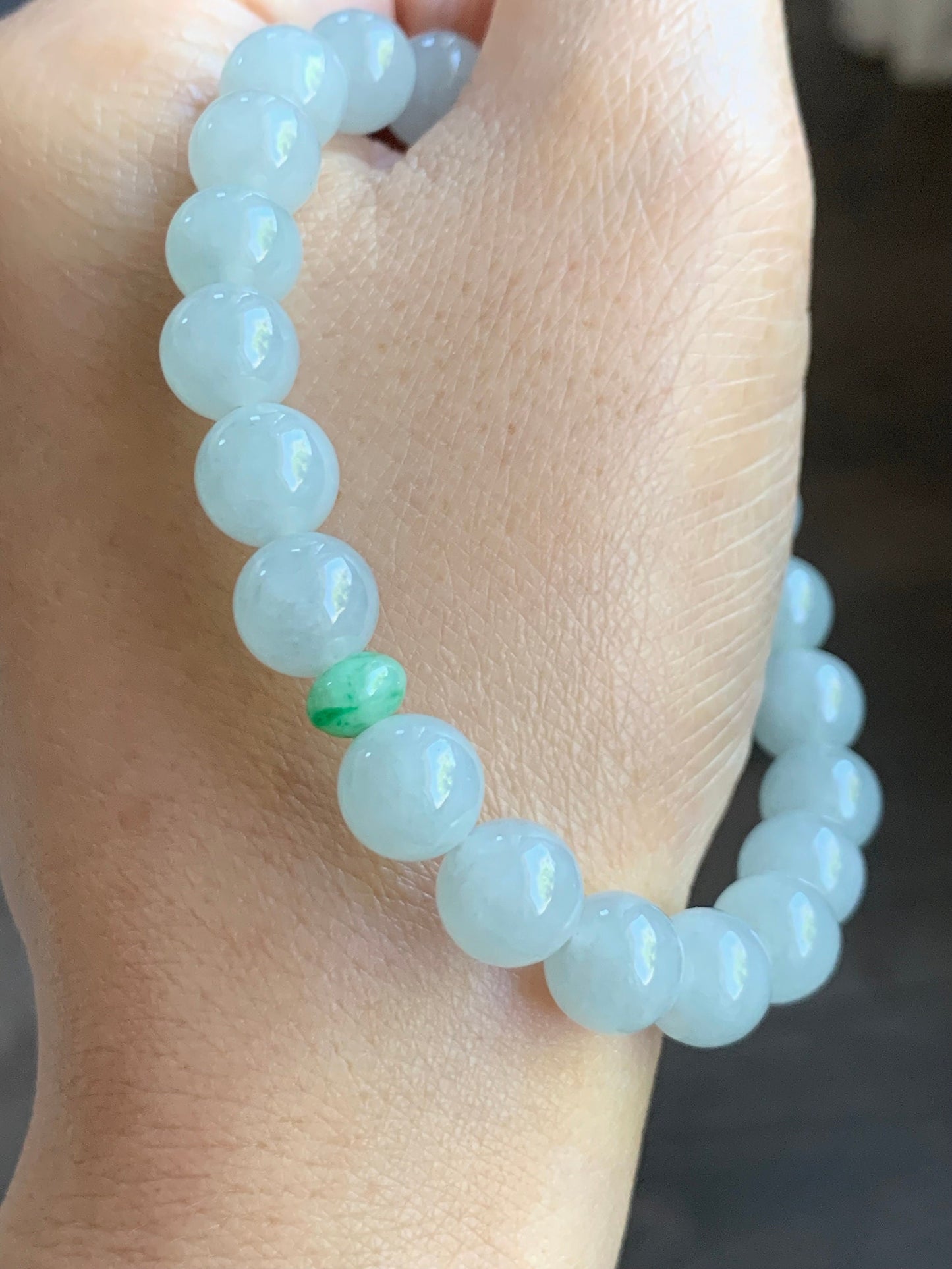 Natural Burmese Grade A Icy Translucent Gelatinous Bluish White Jadeite Round Beads Beaded Bracelet 9mm 7.5” Stretchy 天然缅甸冰胶淡蓝翡翠圆珠手串 DSL723