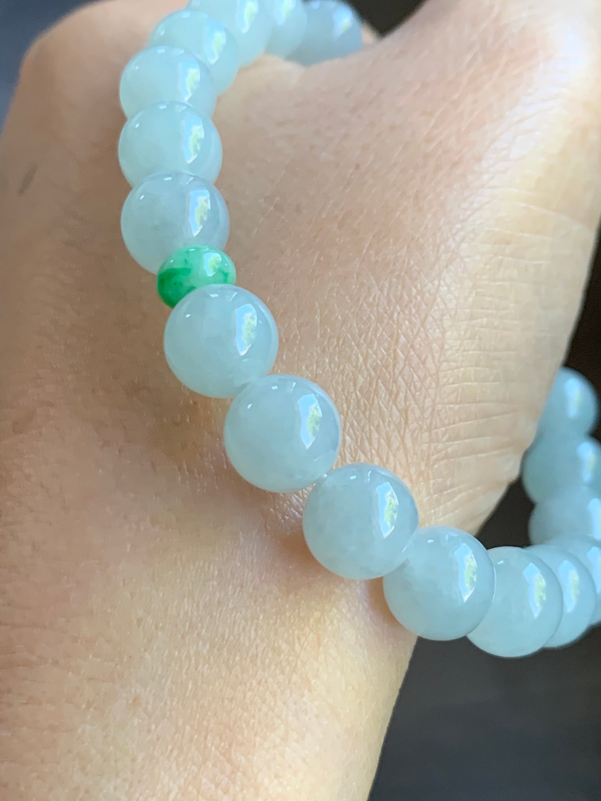 Natural Burmese Grade A Icy Translucent Gelatinous Bluish White Jadeite Round Beads Beaded Bracelet 9mm 7.5” Stretchy 天然缅甸冰胶淡蓝翡翠圆珠手串 DSL723