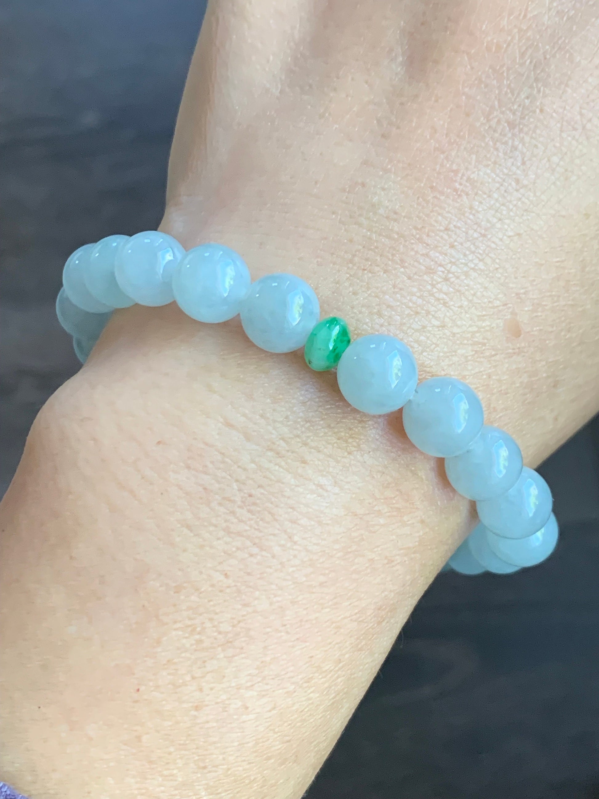 Natural Burmese Grade A Icy Translucent Gelatinous Bluish White Jadeite Round Beads Beaded Bracelet 9mm 7.5” Stretchy 天然缅甸冰胶淡蓝翡翠圆珠手串 DSL723