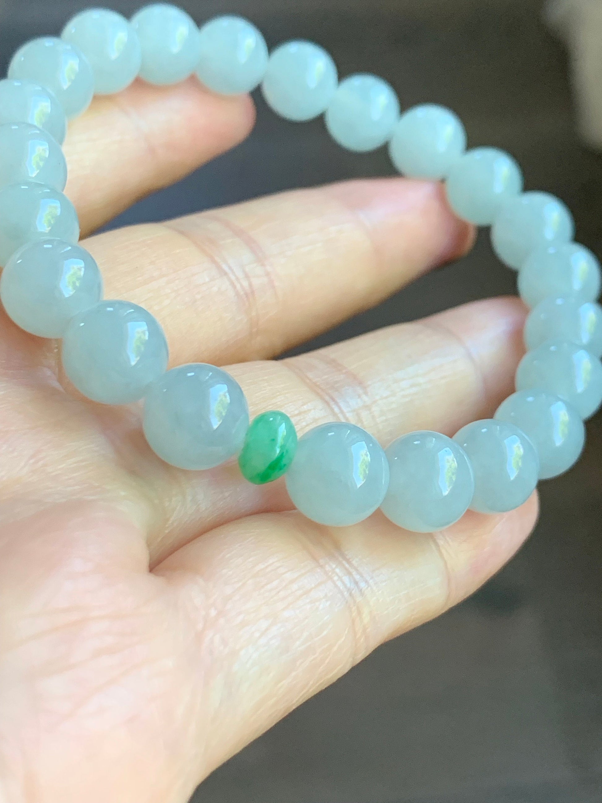 Natural Burmese Grade A Icy Translucent Gelatinous Bluish White Jadeite Round Beads Beaded Bracelet 9mm 7.5” Stretchy 天然缅甸冰胶淡蓝翡翠圆珠手串 DSL723