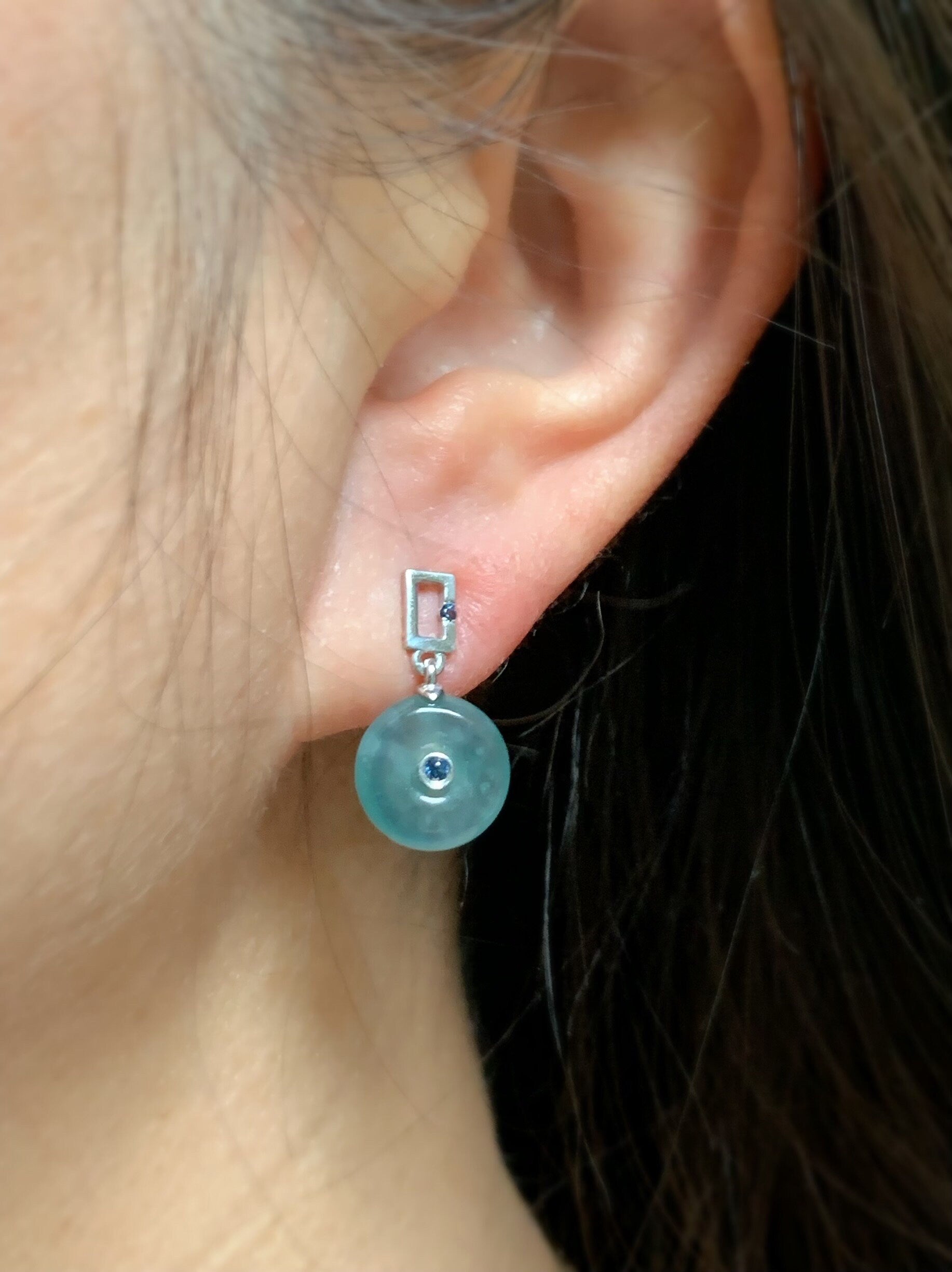 Certified Natural Guatemalan Icy Highly Translucent Light Blue Jadeite Ping An Kou Blue Sapphire Earrings Sterling Silver 天然冰危蓝翡翠篮宝石平安扣耳钉