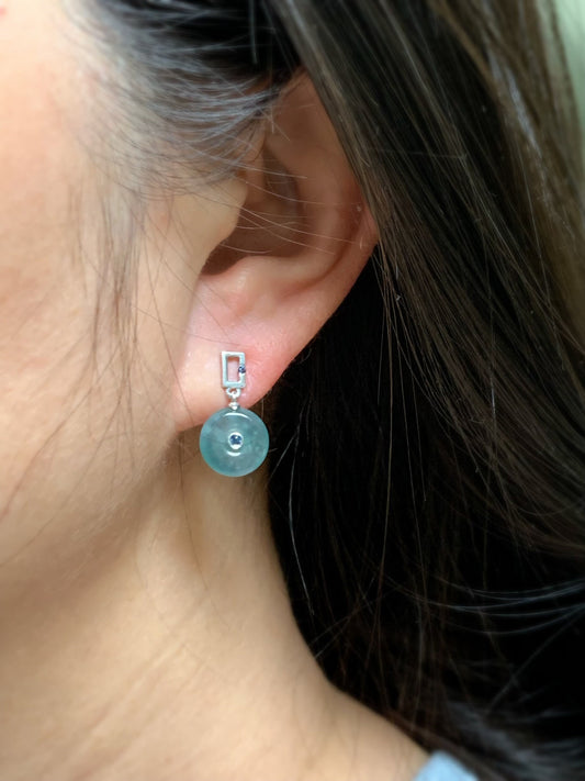 Certified Natural Guatemalan Icy Highly Translucent Light Blue Jadeite Ping An Kou Blue Sapphire Earrings Sterling Silver 天然冰危蓝翡翠篮宝石平安扣耳钉