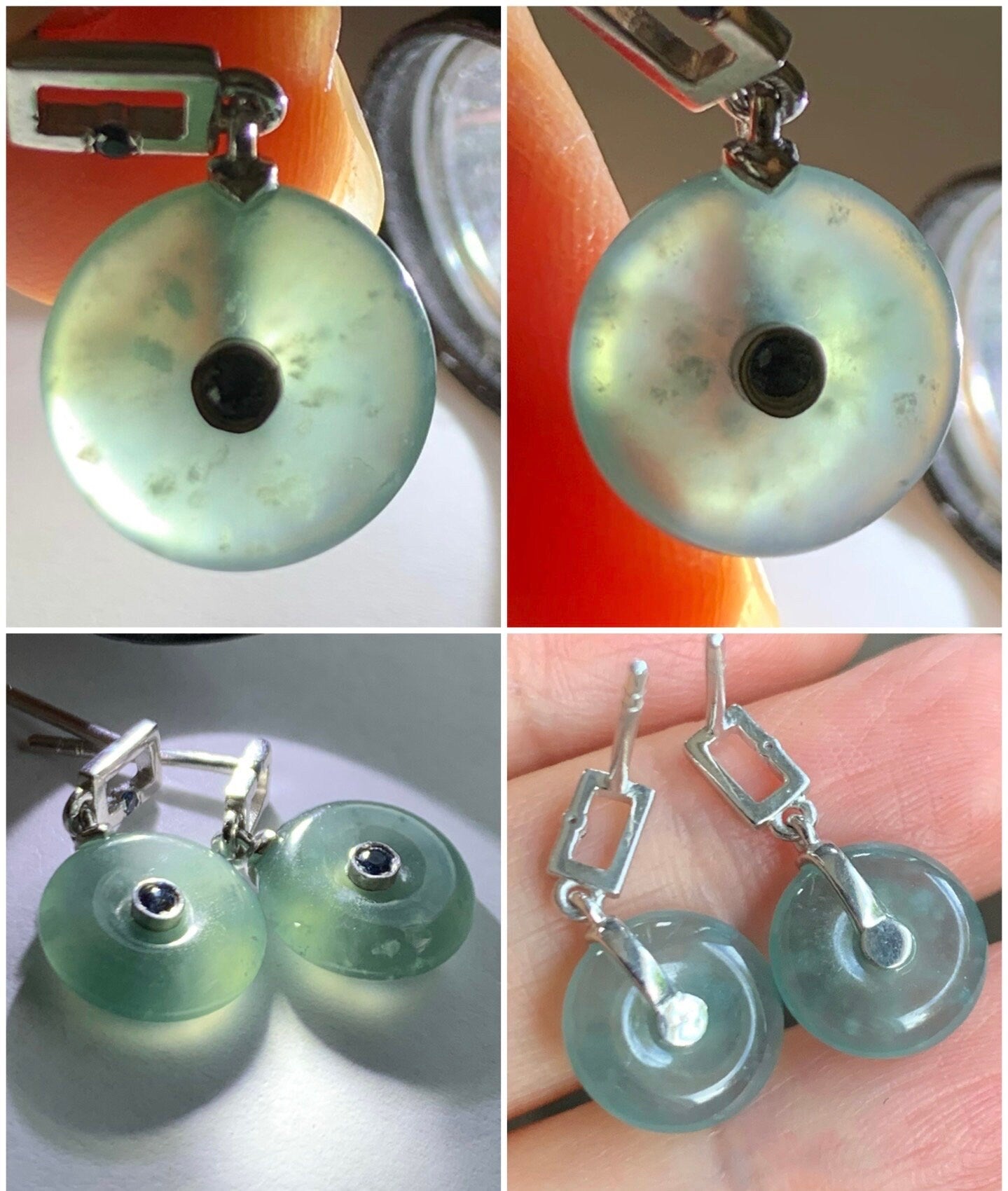 Certified Natural Guatemalan Icy Highly Translucent Light Blue Jadeite Ping An Kou Blue Sapphire Earrings Sterling Silver 天然冰危蓝翡翠篮宝石平安扣耳钉