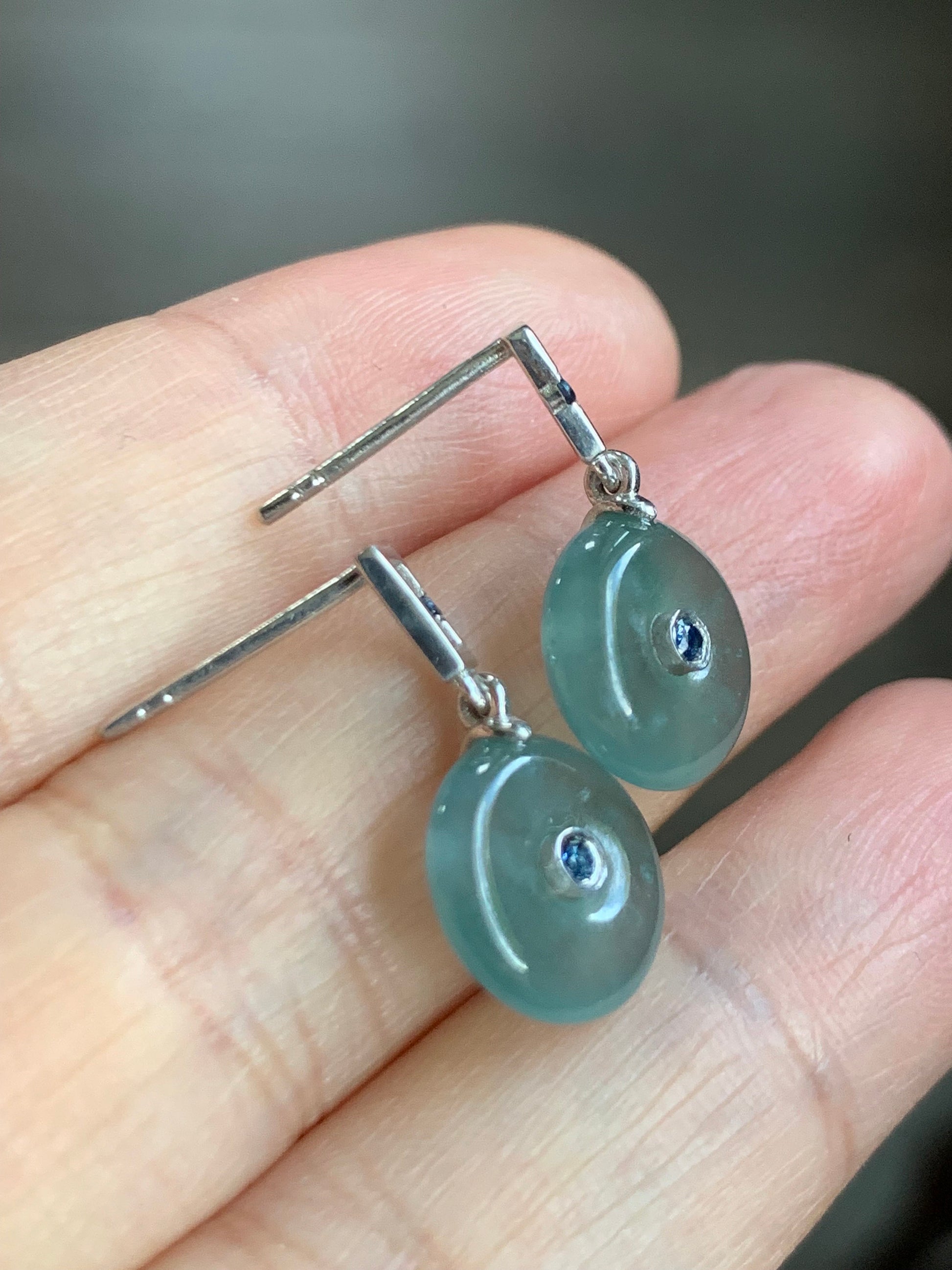 Certified Natural Guatemalan Icy Highly Translucent Light Blue Jadeite Ping An Kou Blue Sapphire Earrings Sterling Silver 天然冰危蓝翡翠篮宝石平安扣耳钉