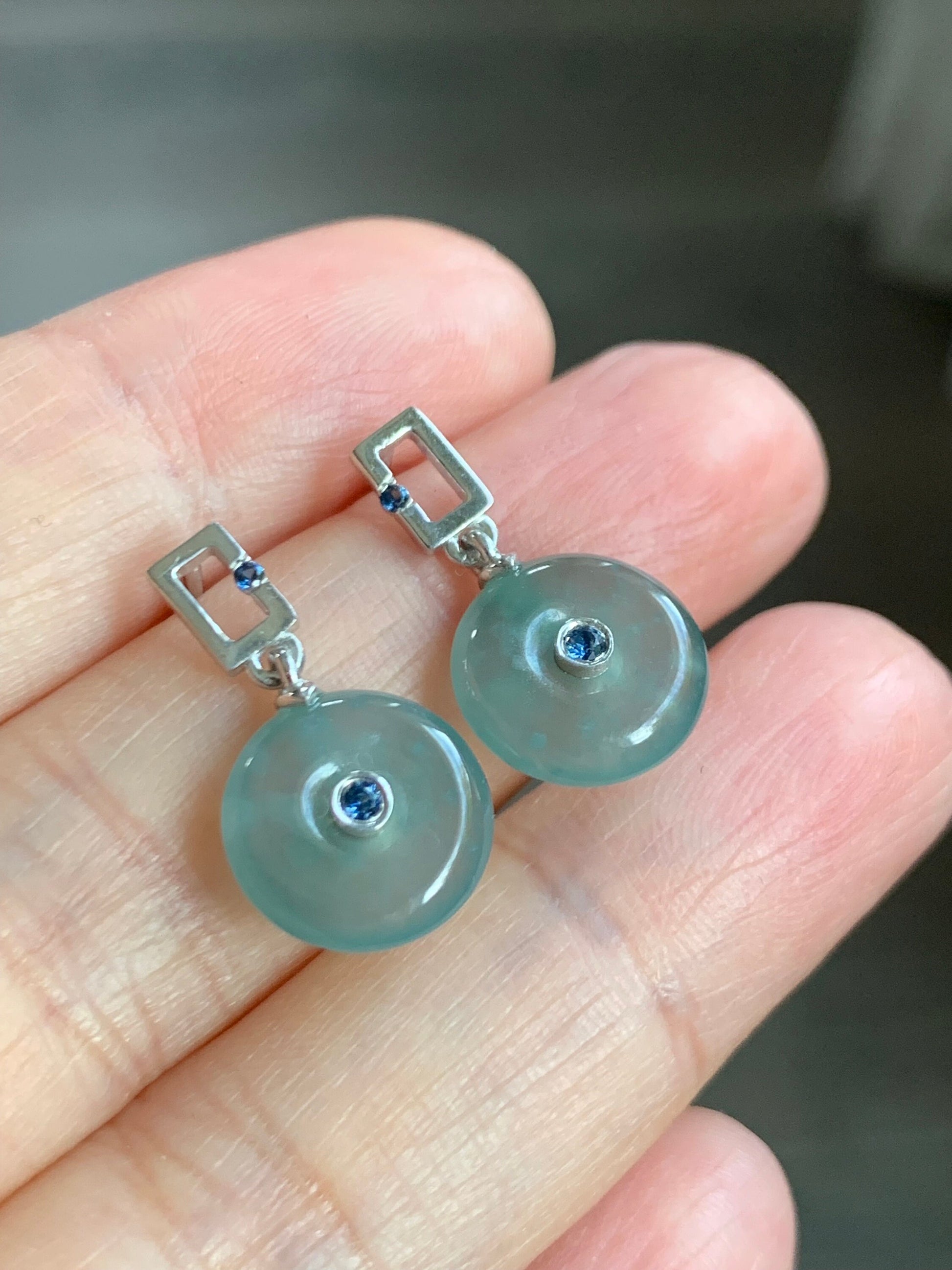 Certified Natural Guatemalan Icy Highly Translucent Light Blue Jadeite Ping An Kou Blue Sapphire Earrings Sterling Silver 天然冰危蓝翡翠篮宝石平安扣耳钉