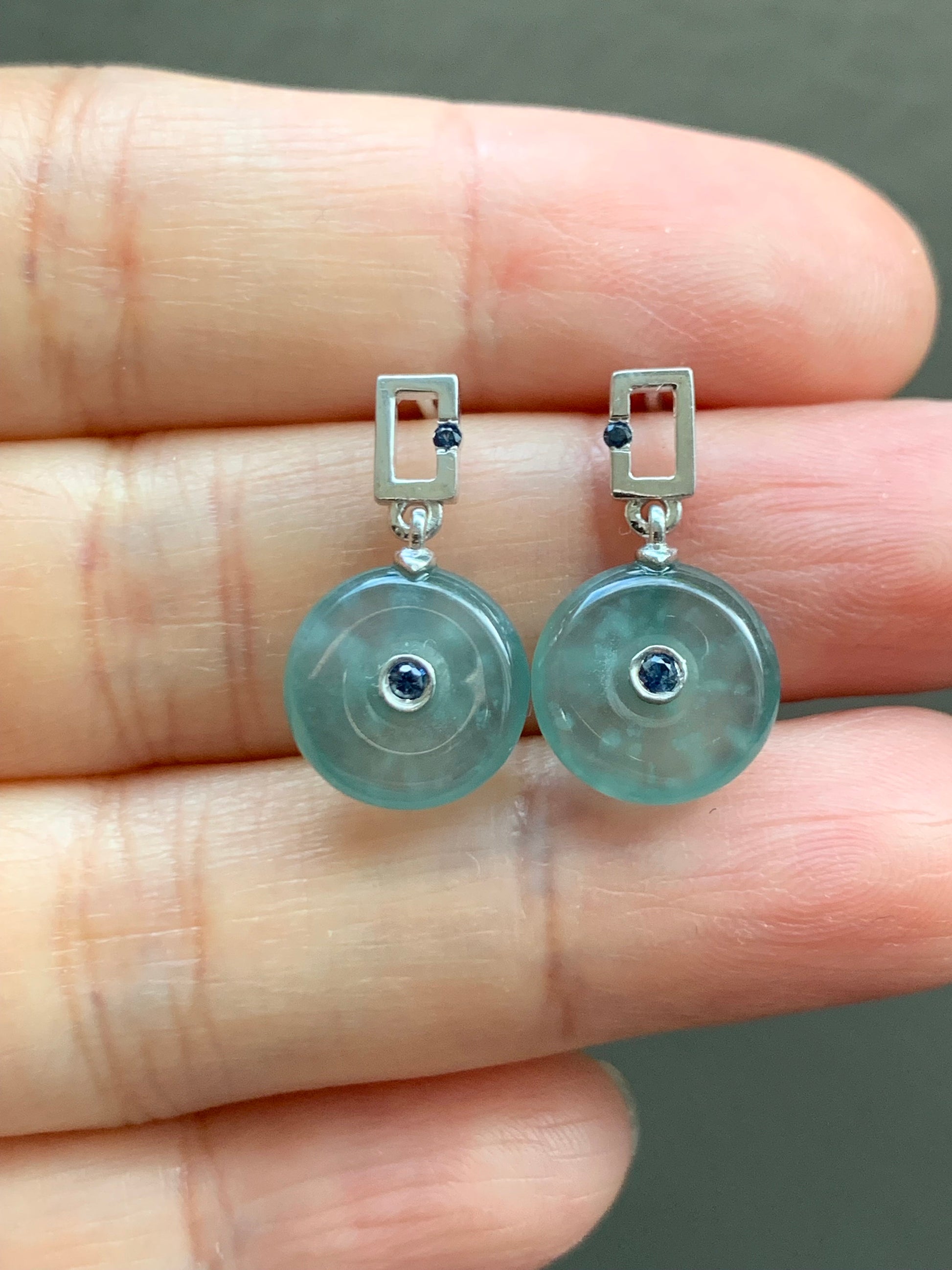 Certified Natural Guatemalan Icy Highly Translucent Light Blue Jadeite Ping An Kou Blue Sapphire Earrings Sterling Silver 天然冰危蓝翡翠篮宝石平安扣耳钉
