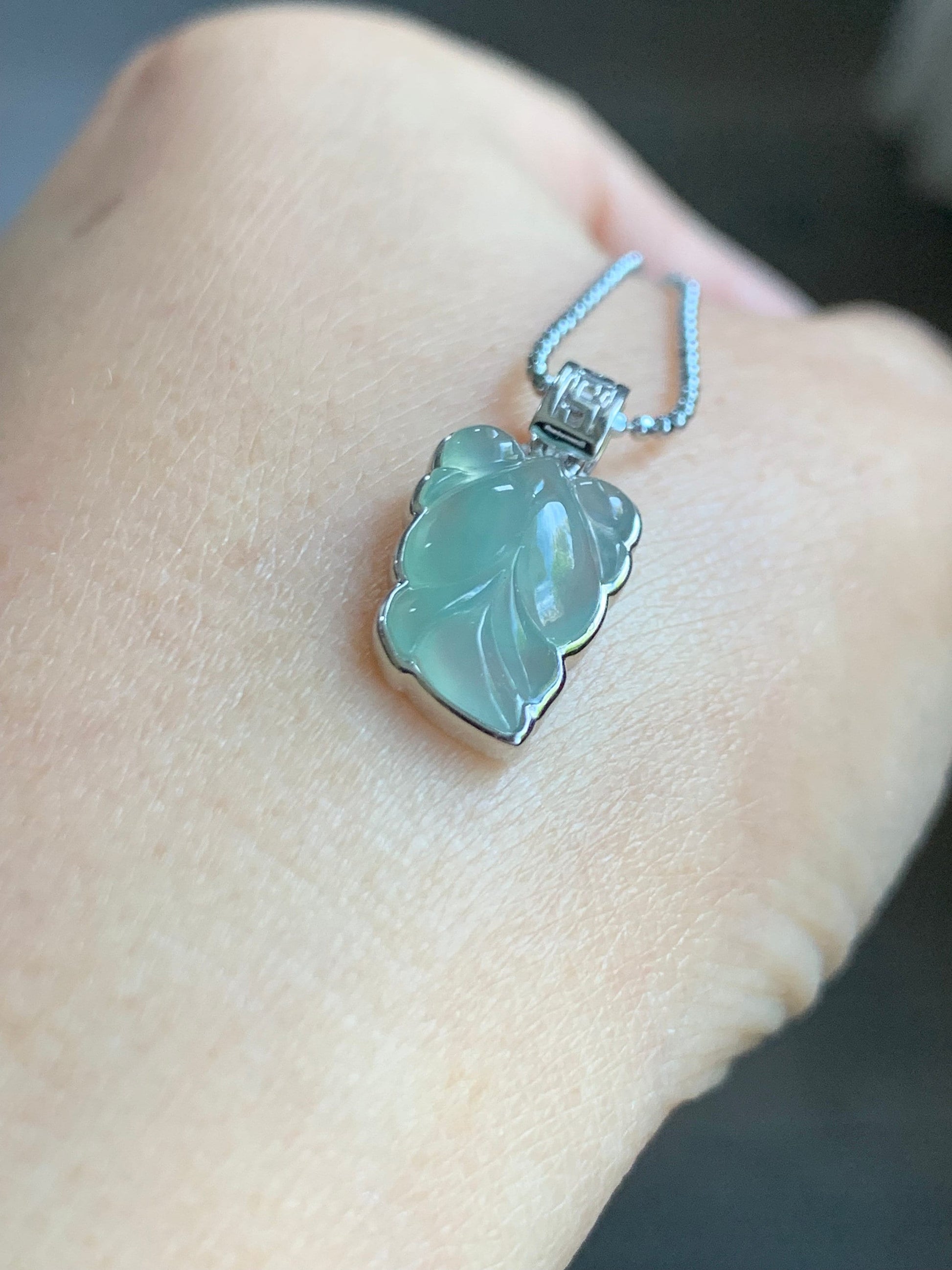 Certified Natural Burmese Premium Icy Translucent Gelatinous Light Green Jadeite Goldfish Pendant 18K White Gold 天然缅甸冰胶淡绿色翡翠金鱼镶嵌吊坠 5158