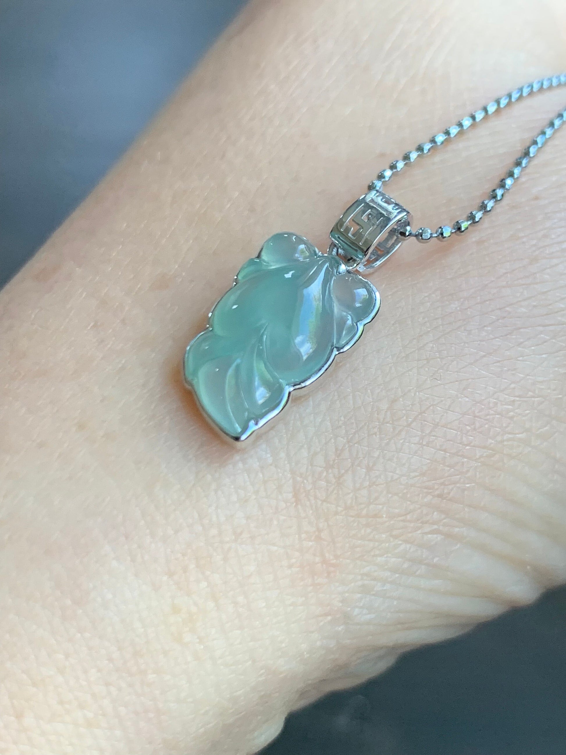Certified Natural Burmese Premium Icy Translucent Gelatinous Light Green Jadeite Goldfish Pendant 18K White Gold 天然缅甸冰胶淡绿色翡翠金鱼镶嵌吊坠 5158