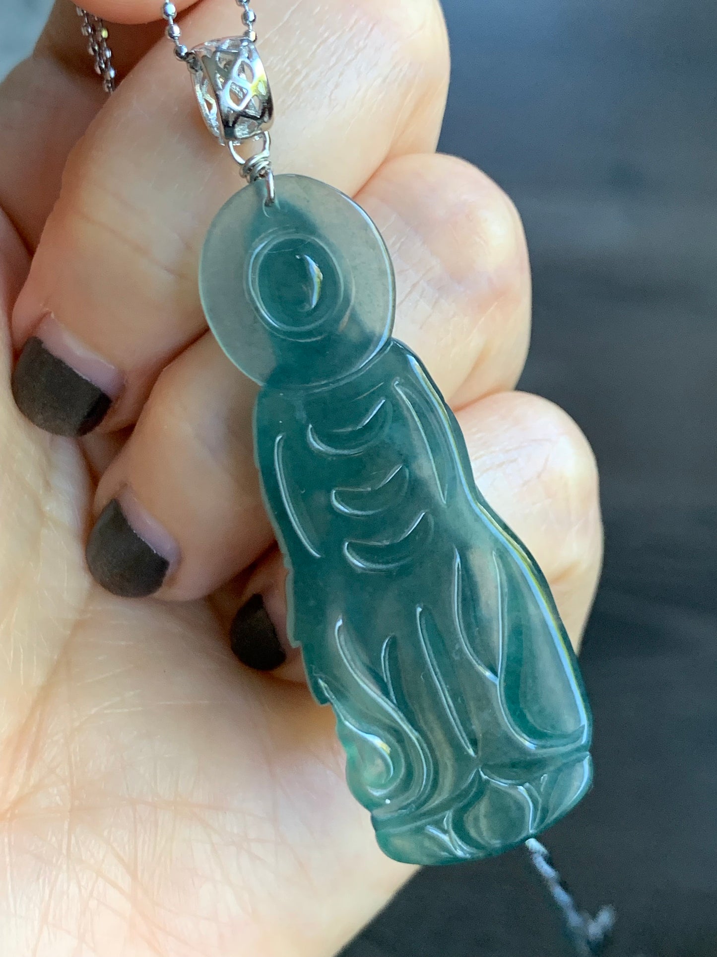 Certified Natural Guatemalan Icy Highly Translucent Gelatinous Rich Teal Green Jadeite Guanyin Pendant Sterling Silver 天然冰胶危深蓝绿翡翠观音吊坠 5138