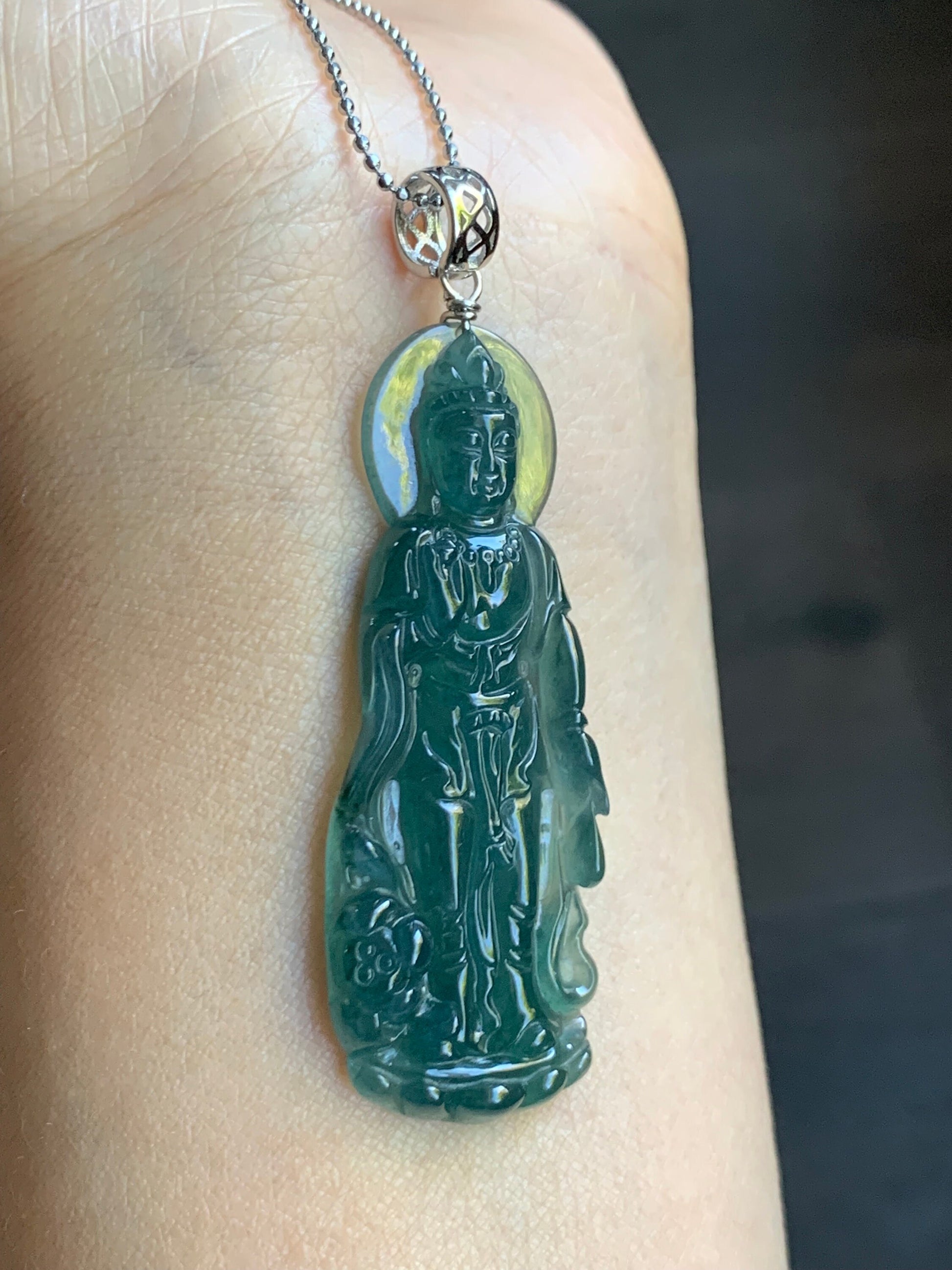Certified Natural Guatemalan Icy Highly Translucent Gelatinous Rich Teal Green Jadeite Guanyin Pendant Sterling Silver 天然冰胶危深蓝绿翡翠观音吊坠 5138