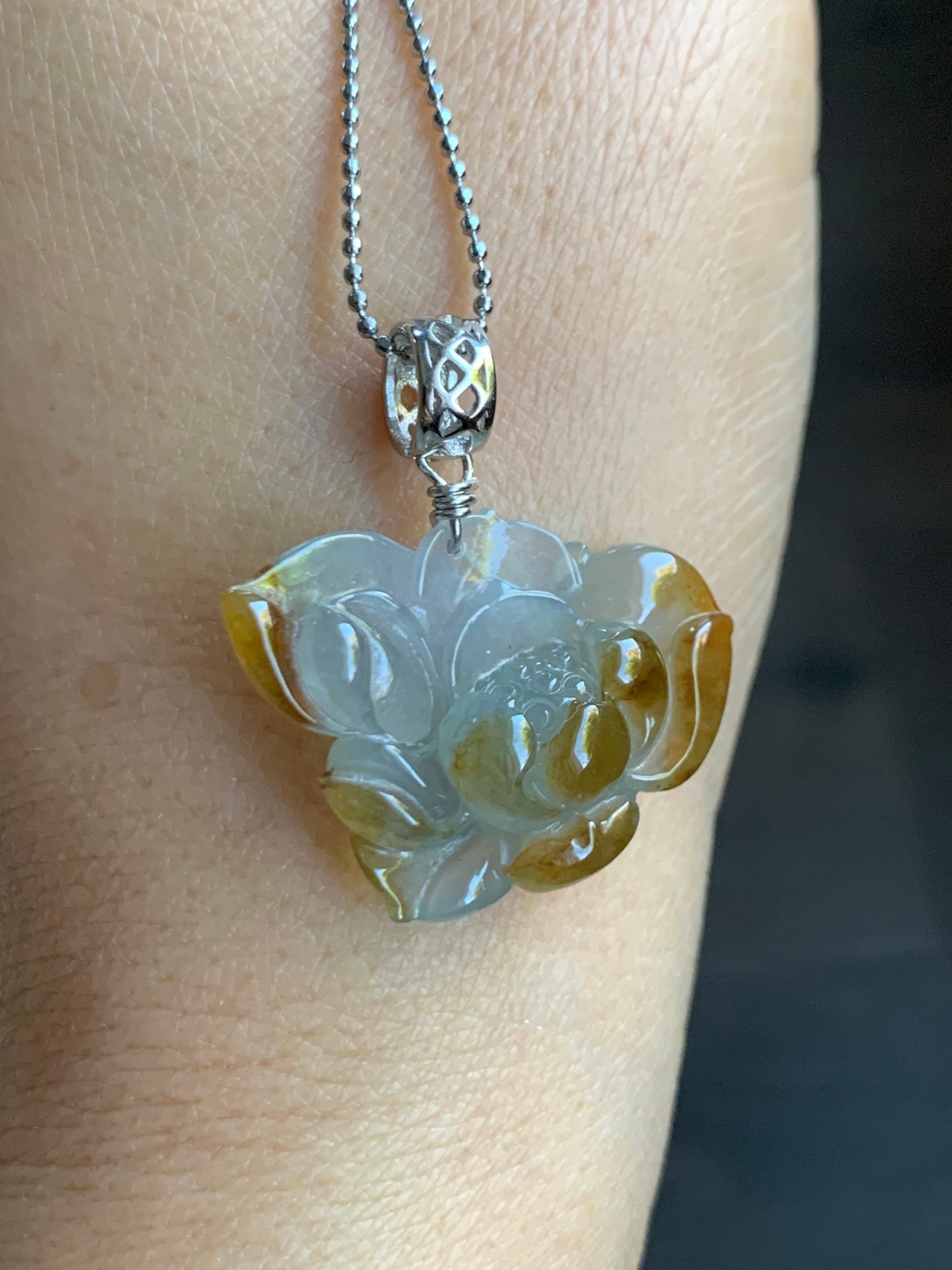 Stunning Natural Burmese Icy Highly Translucent Light Blue & Rich Yellow Bicolored Jadeite Carved Lotus Flower Pendant 天然缅甸冰蓝加黄特色翡翠一品清莲吊坠