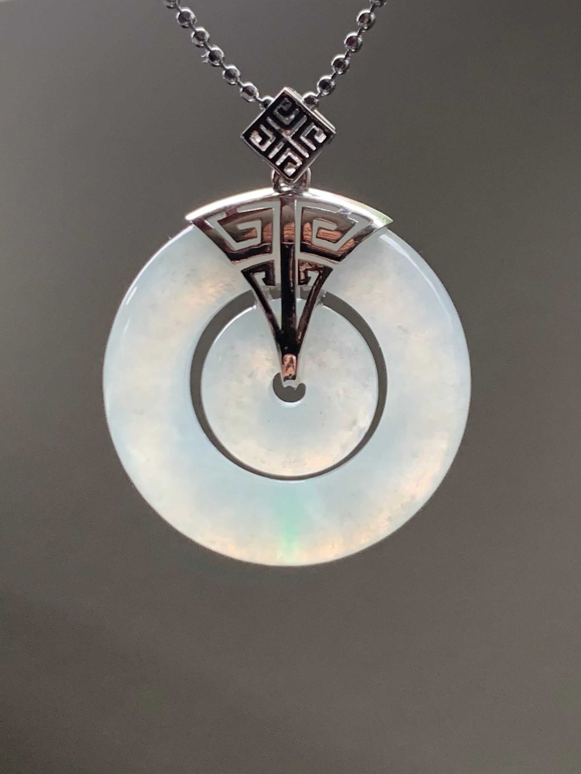 Certified Natural Burmese Icy Translucent White Jadeite w/ Green Marbling Mother-Child Ping An Kou Pendant Sterling Silver 天然缅甸冰飘花翡翠子母扣吊坠