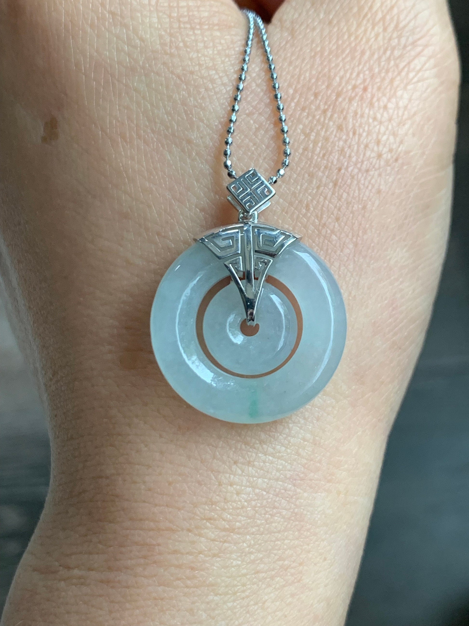 Certified Natural Burmese Icy Translucent White Jadeite w/ Green Marbling Mother-Child Ping An Kou Pendant Sterling Silver 天然缅甸冰飘花翡翠子母扣吊坠