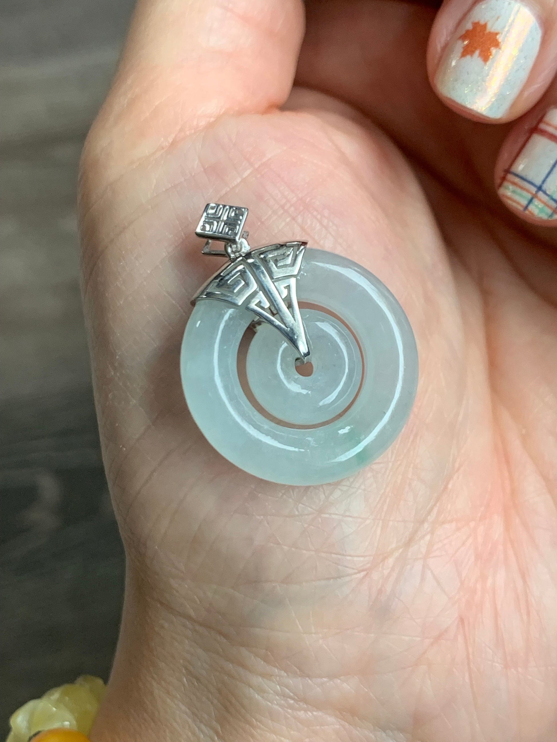 Certified Natural Burmese Icy Translucent White Jadeite w/ Green Marbling Mother-Child Ping An Kou Pendant Sterling Silver 天然缅甸冰飘花翡翠子母扣吊坠