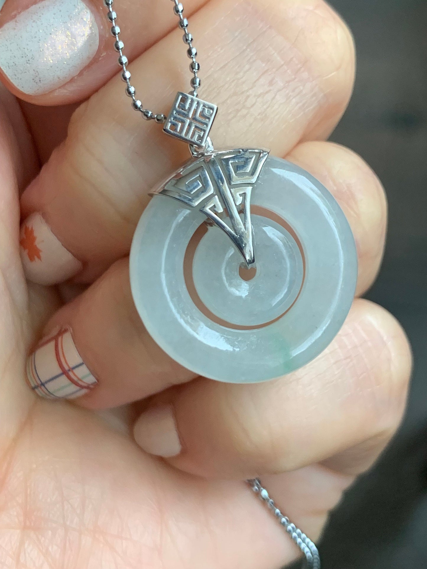 Certified Natural Burmese Icy Translucent White Jadeite w/ Green Marbling Mother-Child Ping An Kou Pendant Sterling Silver 天然缅甸冰飘花翡翠子母扣吊坠