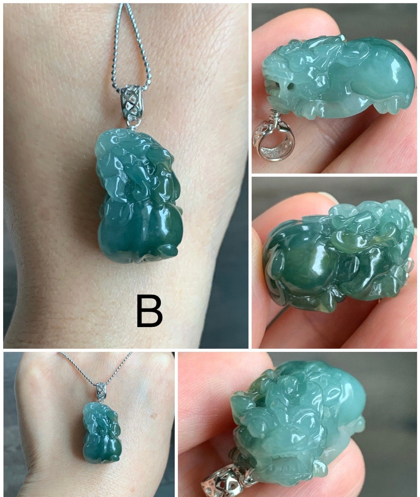 Natural Burmese Icy Translucent Gelatinous Dark Teal Green Jadeite Carved Pixiu Pendant Sterling Silver Bail 天然缅甸冰胶湖水绿翡翠貔貅吊坠