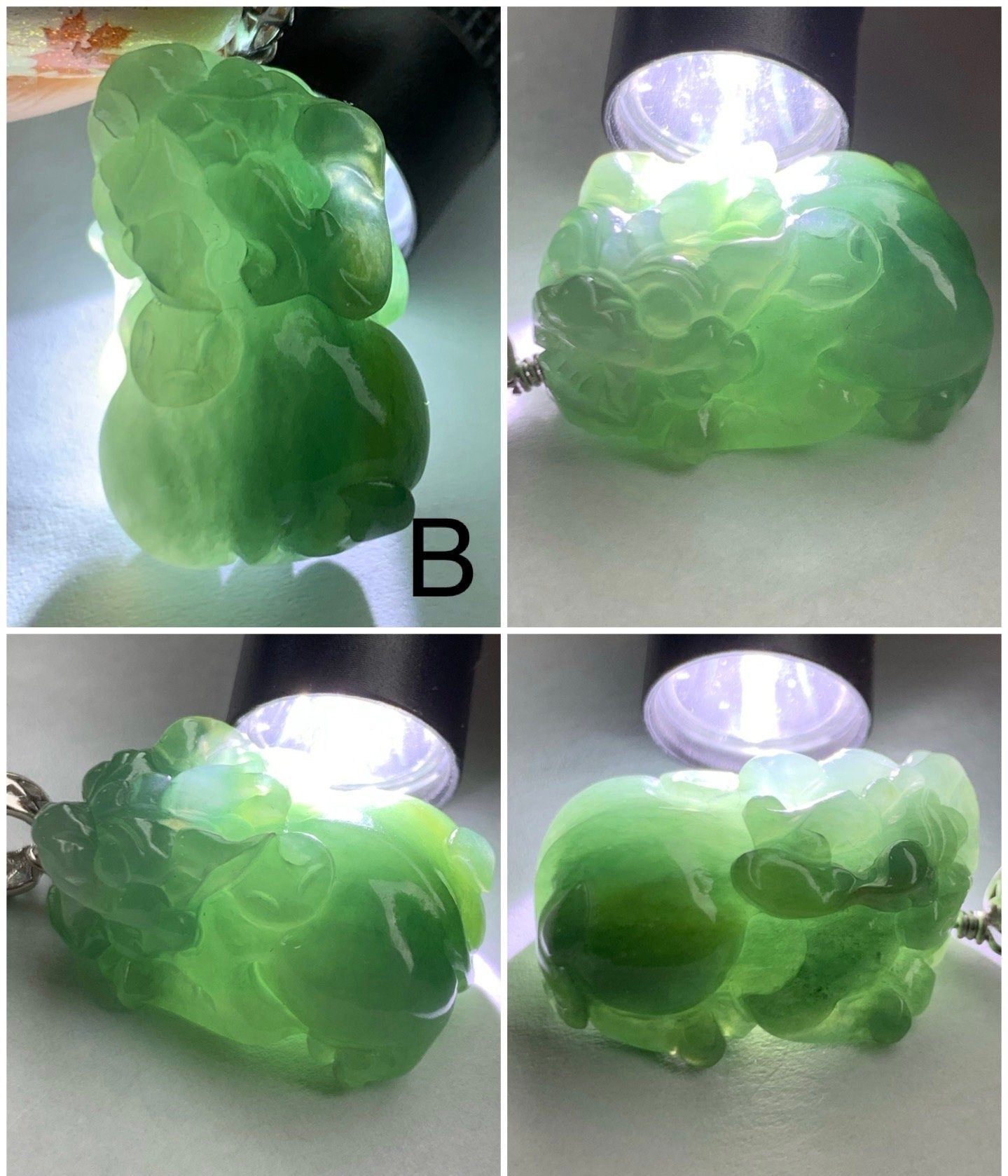 Natural Burmese Icy Translucent Gelatinous Dark Teal Green Jadeite Carved Pixiu Pendant Sterling Silver Bail 天然缅甸冰胶湖水绿翡翠貔貅吊坠