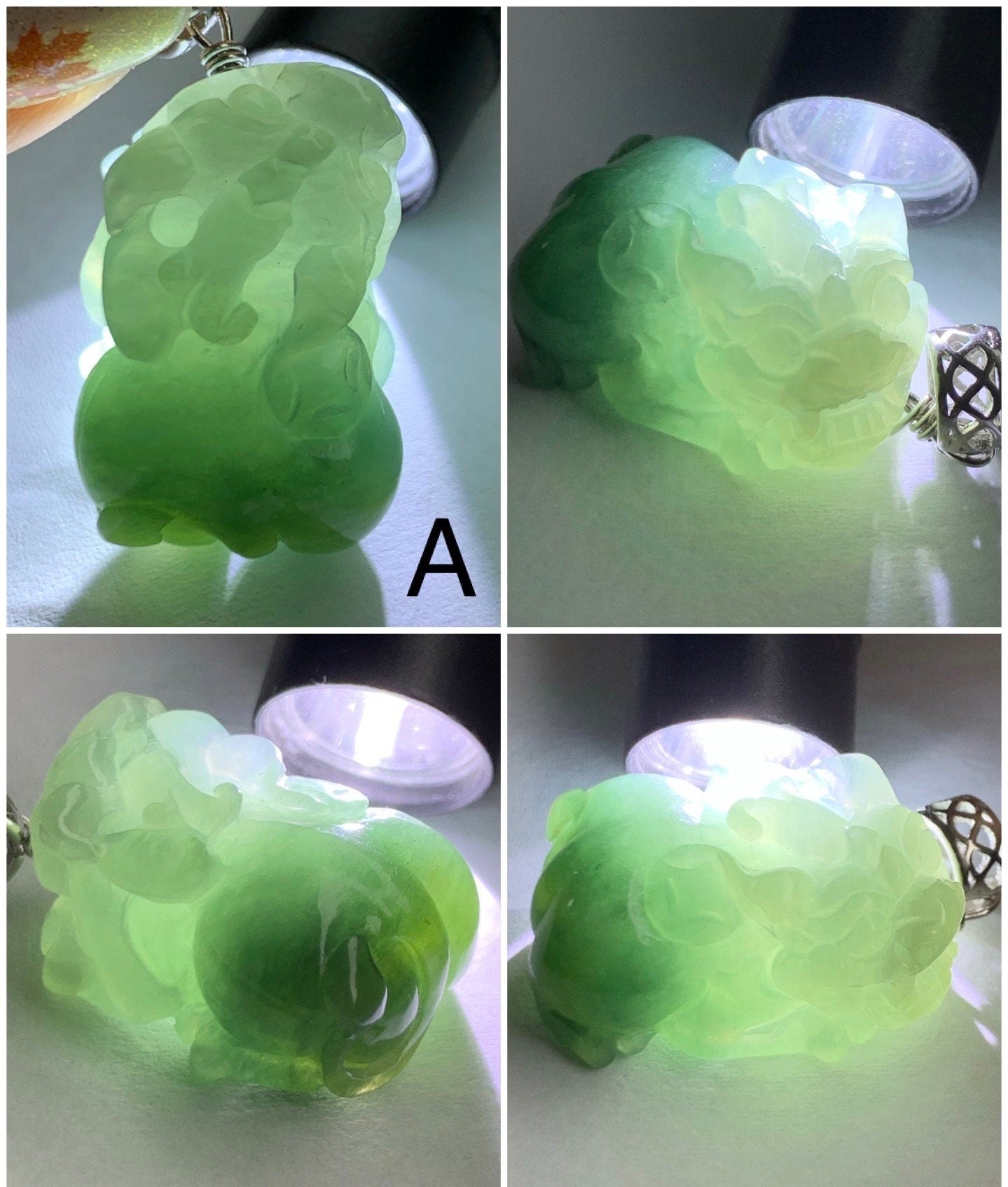 Natural Burmese Icy Translucent Gelatinous Dark Teal Green Jadeite Carved Pixiu Pendant Sterling Silver Bail 天然缅甸冰胶湖水绿翡翠貔貅吊坠