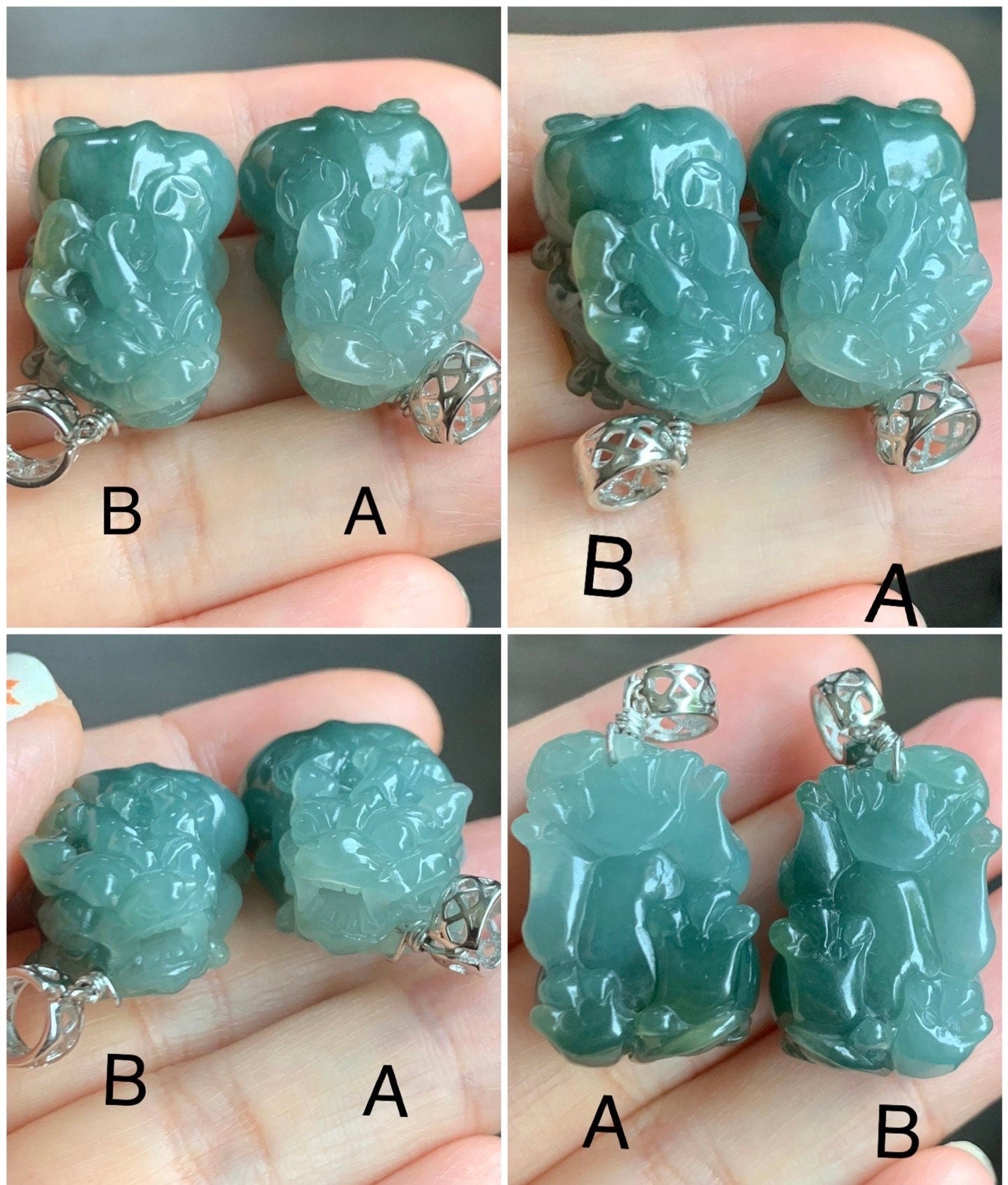 Natural Burmese Icy Translucent Gelatinous Dark Teal Green Jadeite Carved Pixiu Pendant Sterling Silver Bail 天然缅甸冰胶湖水绿翡翠貔貅吊坠
