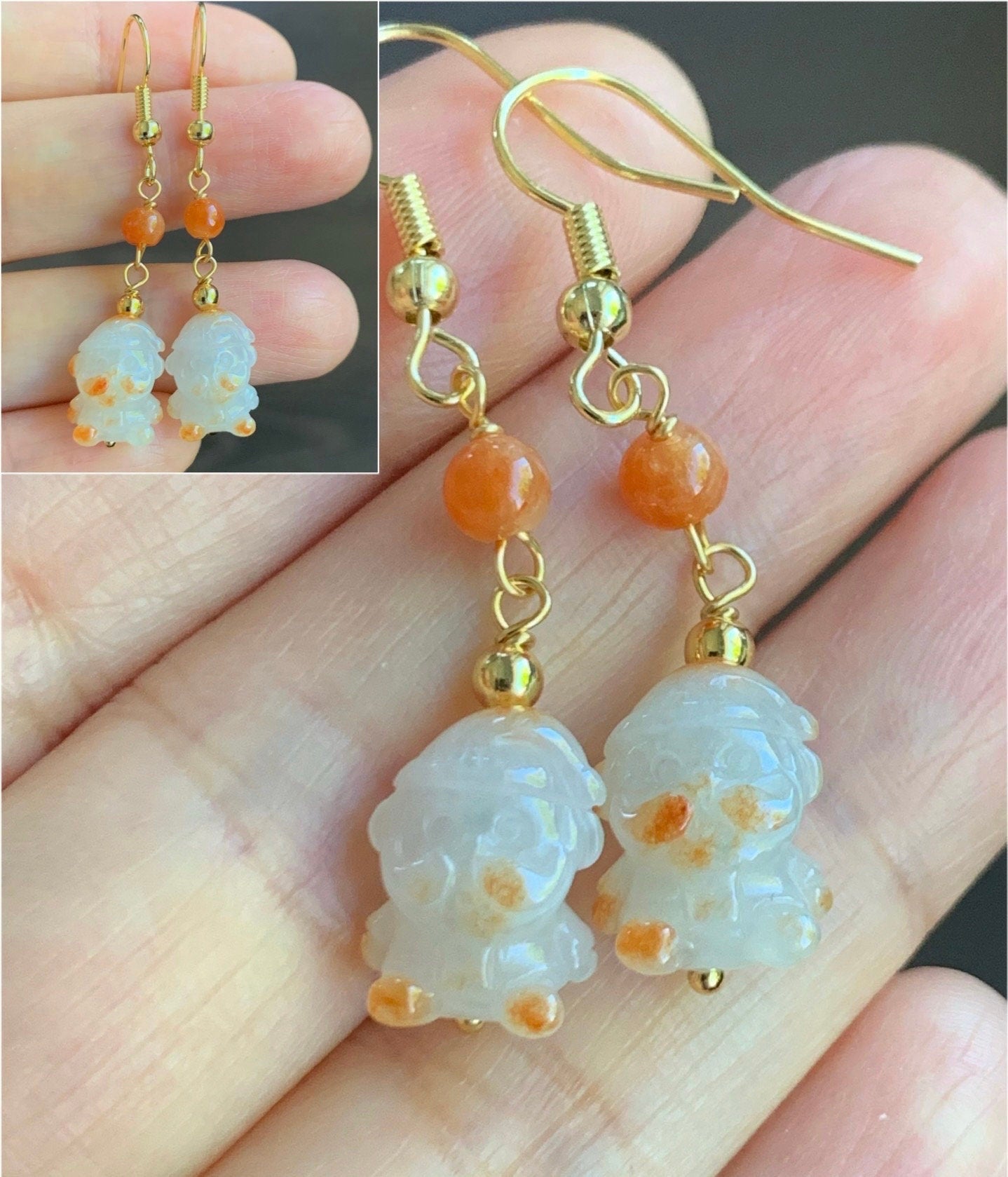 Holiday Special! Natural Burmese Icy Jadeite Carved Santa Claus Dangle Earrings 14K Yellow Gold Plated 4 Colors Available 天然缅甸翡翠圣诞老人包金耳钩