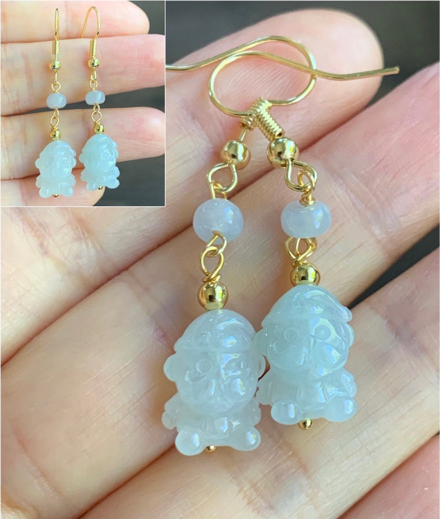 Holiday Special! Natural Burmese Icy Jadeite Carved Santa Claus Dangle Earrings 14K Yellow Gold Plated 4 Colors Available 天然缅甸翡翠圣诞老人包金耳钩