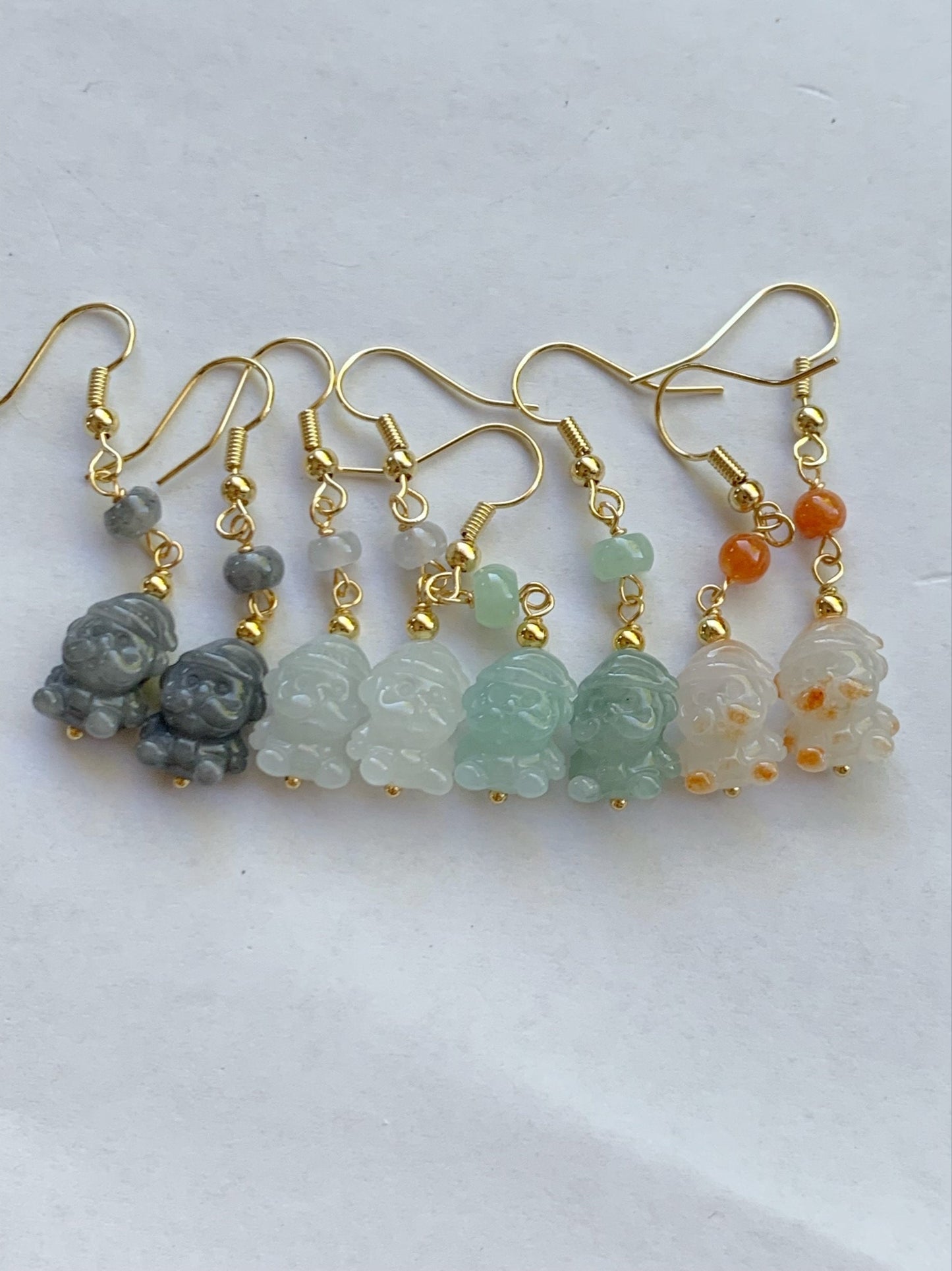 Holiday Special! Natural Burmese Icy Jadeite Carved Santa Claus Dangle Earrings 14K Yellow Gold Plated 4 Colors Available 天然缅甸翡翠圣诞老人包金耳钩