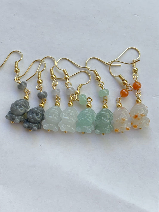 Holiday Special! Natural Burmese Icy Jadeite Carved Santa Claus Dangle Earrings 14K Yellow Gold Plated 4 Colors Available 天然缅甸翡翠圣诞老人包金耳钩