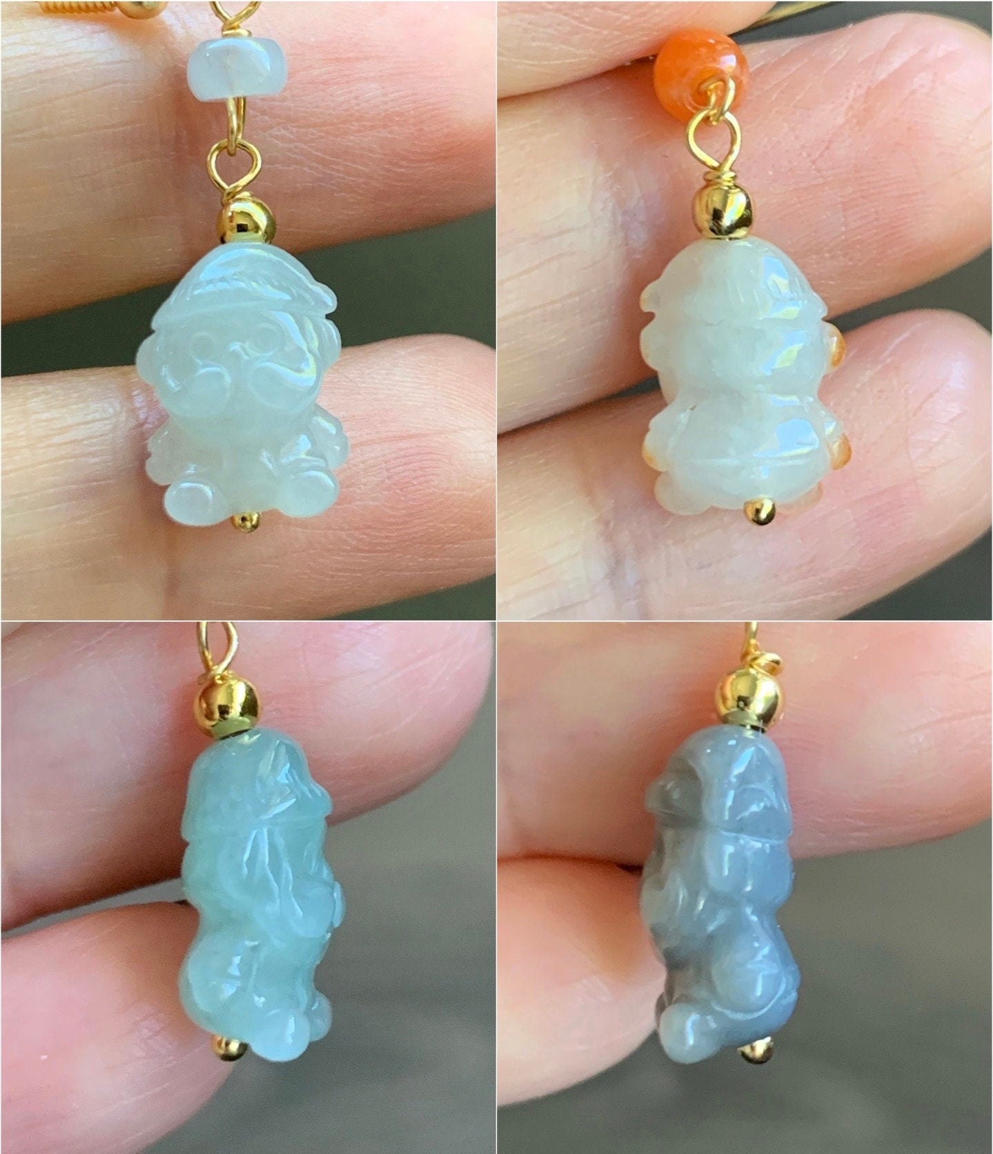 Holiday Special! Natural Burmese Icy Jadeite Carved Santa Claus Dangle Earrings 14K Yellow Gold Plated 4 Colors Available 天然缅甸翡翠圣诞老人包金耳钩
