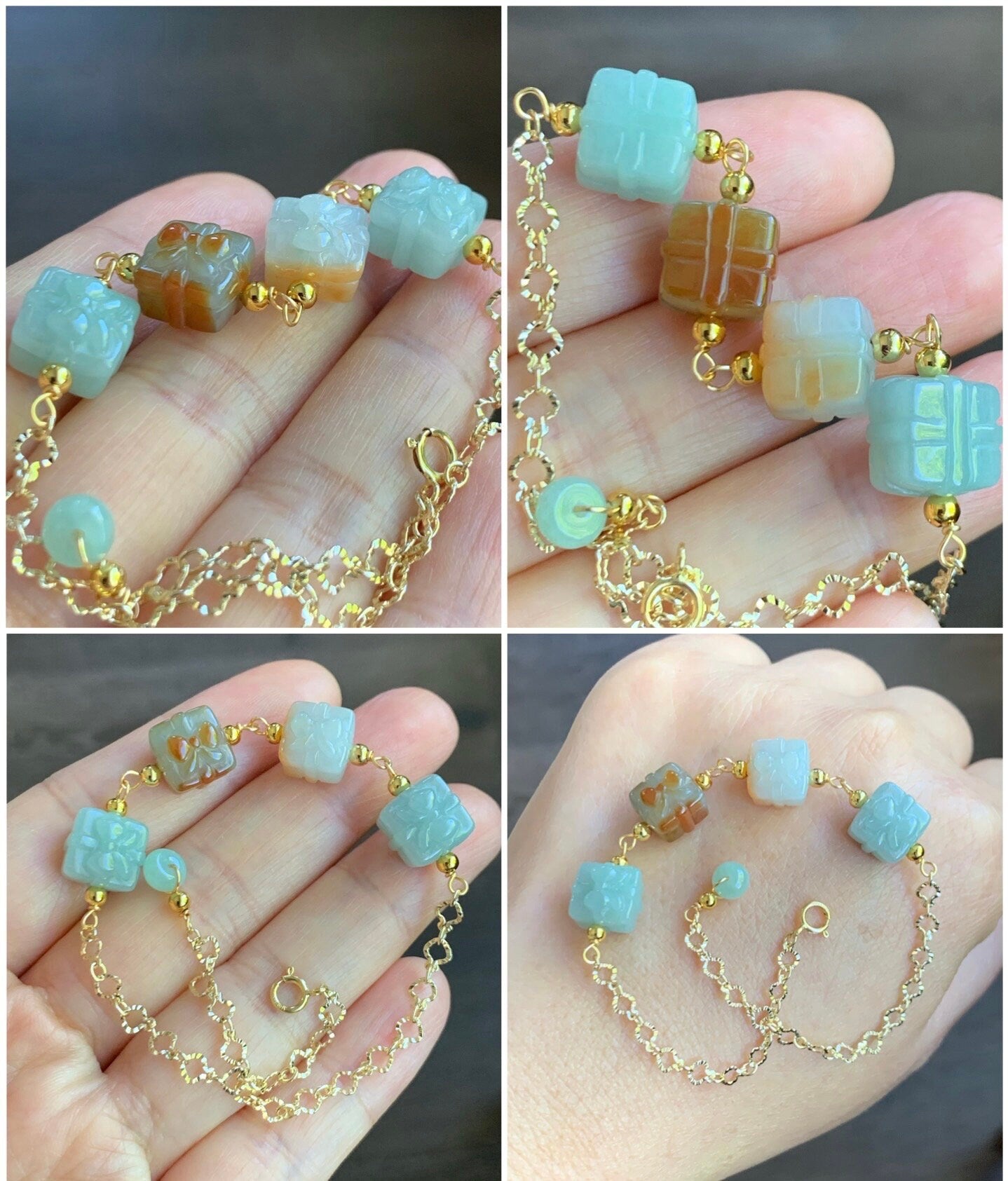 Holiday Special Natural Burmese Icy Multicolored Jadeite Gift Boxes 14K Yellow Gold Plated Chain Bracelet Adjustable 8” 天然缅甸多宝翡翠礼物包金手链