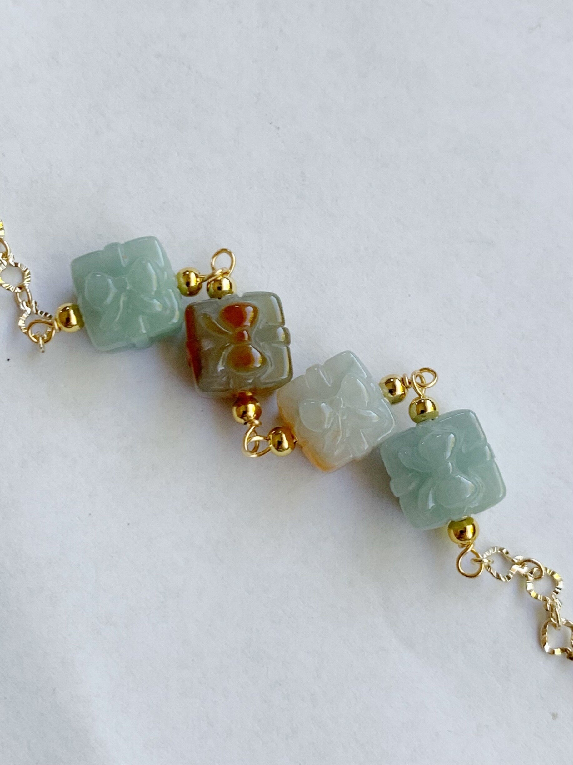 Holiday Special Natural Burmese Icy Multicolored Jadeite Gift Boxes 14K Yellow Gold Plated Chain Bracelet Adjustable 8” 天然缅甸多宝翡翠礼物包金手链