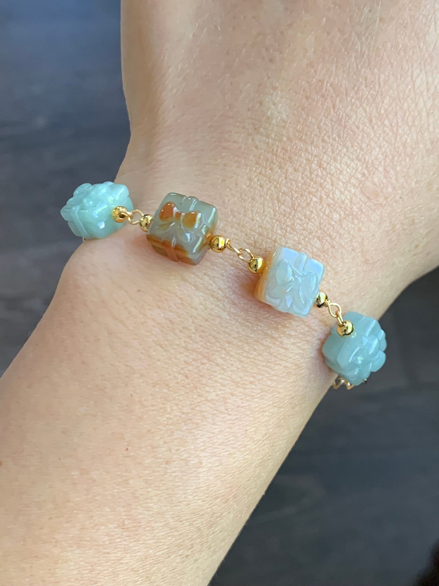 Holiday Special Natural Burmese Icy Multicolored Jadeite Gift Boxes 14K Yellow Gold Plated Chain Bracelet Adjustable 8” 天然缅甸多宝翡翠礼物包金手链