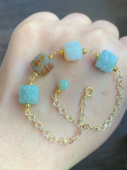 Holiday Special Natural Burmese Icy Multicolored Jadeite Gift Boxes 14K Yellow Gold Plated Chain Bracelet Adjustable 8” 天然缅甸多宝翡翠礼物包金手链